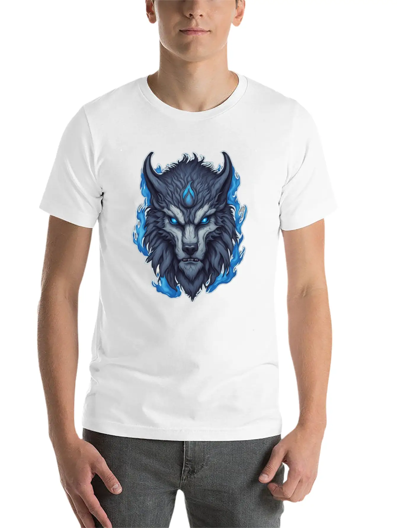 Azure Howler: Horned Wolf Essential Cotton Tee For Daily Outfits – Unisex Style