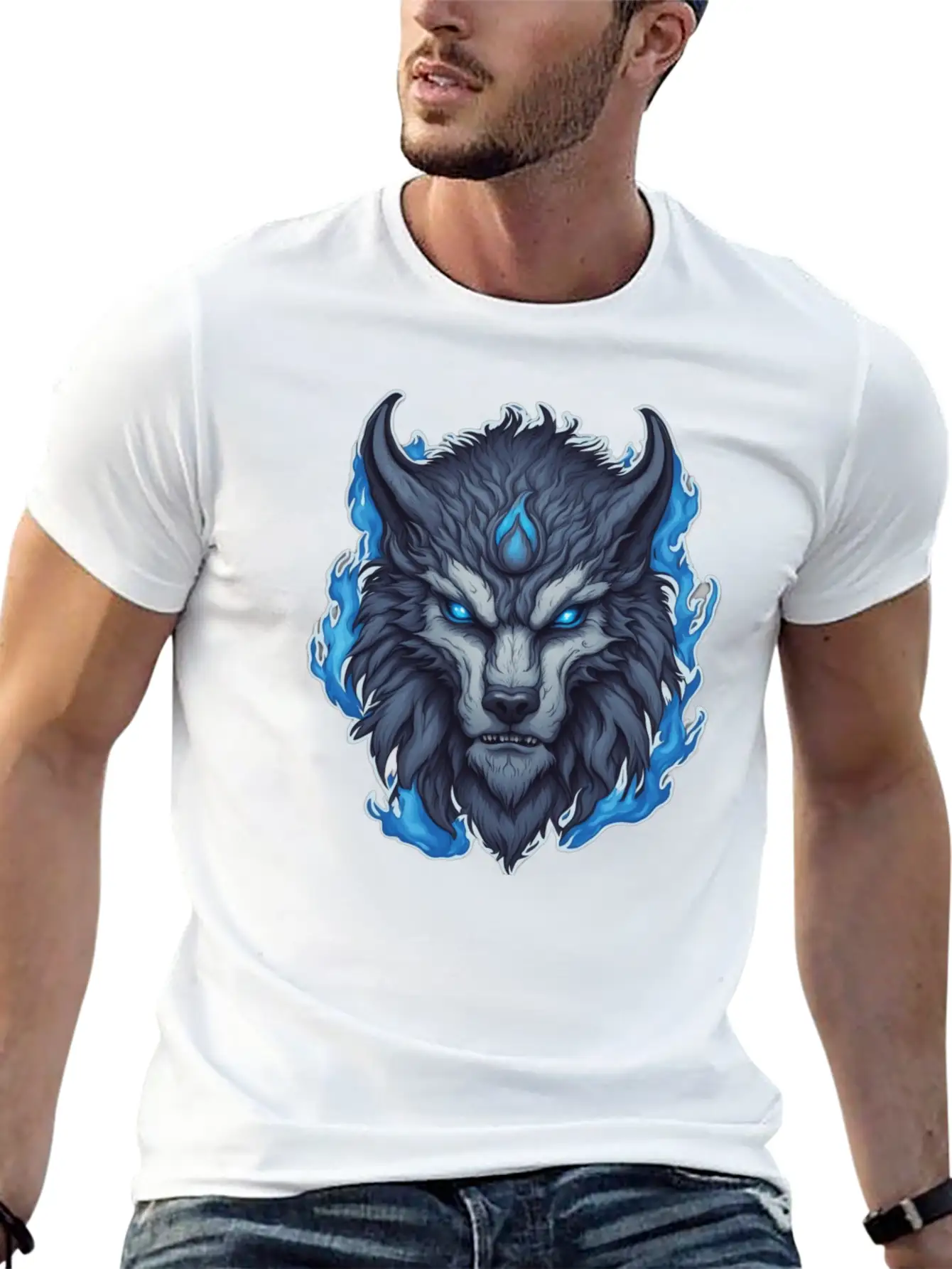 Azure Howler: Horned Wolf Essential Cotton Tee For Daily Outfits – Unisex Style