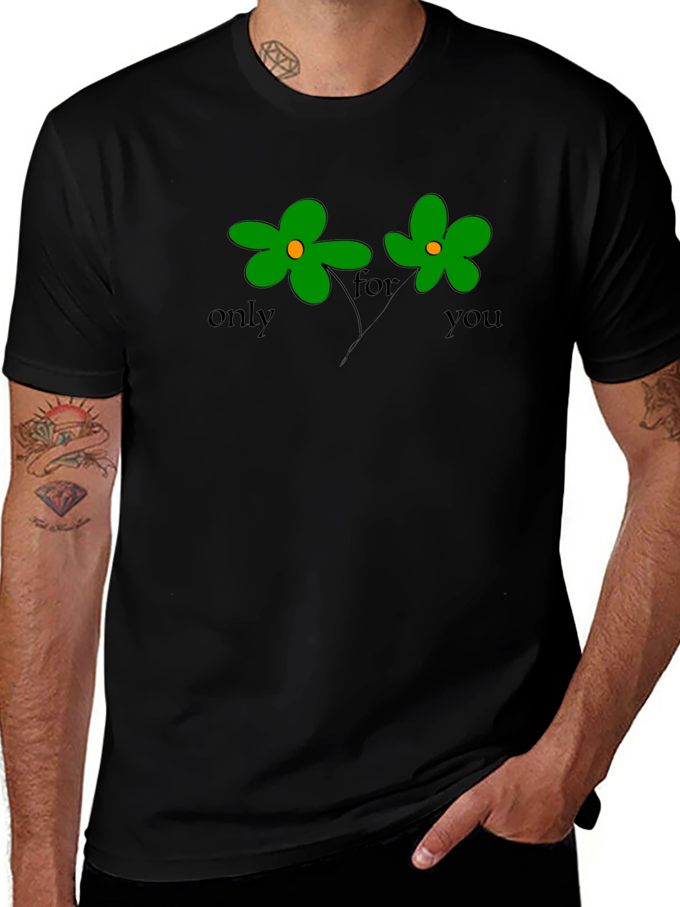 Only For You Green Flower Graphic Black T-Shirt