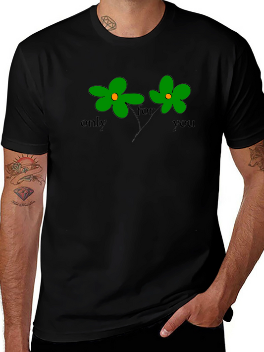 Only For You Green Flower Graphic Black T-Shirt
