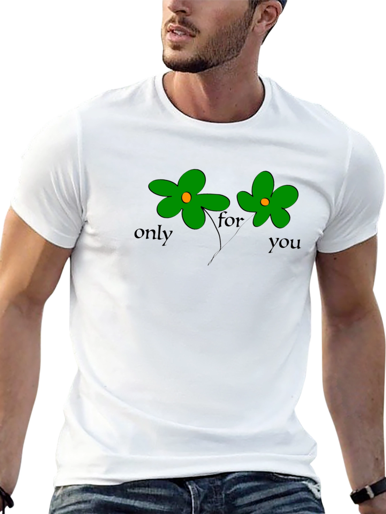 Only For You Green Flower Graphic Black T-Shirt