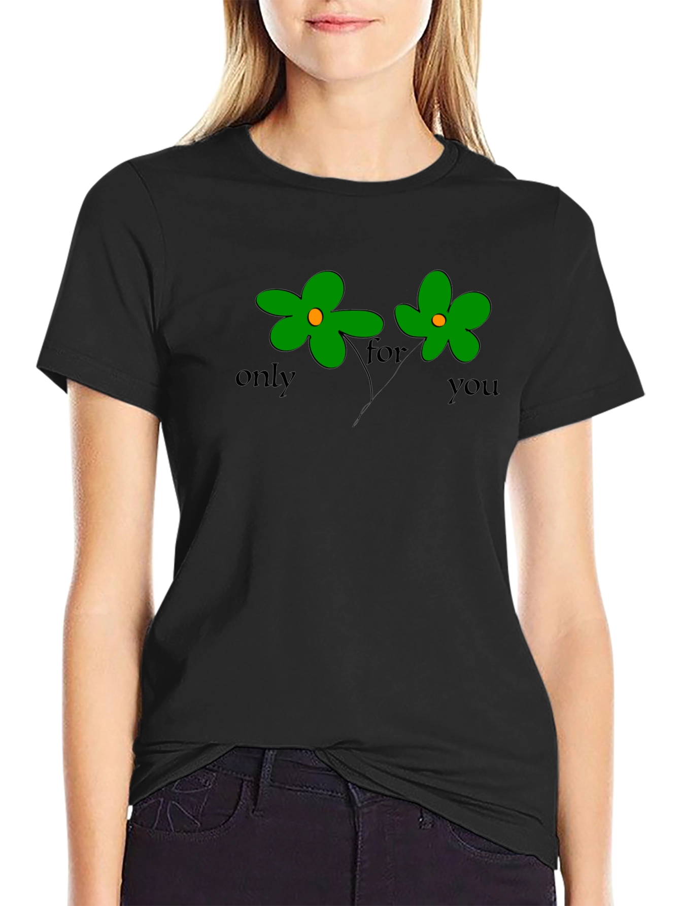 Only For You Green Flower Graphic Black T-Shirt