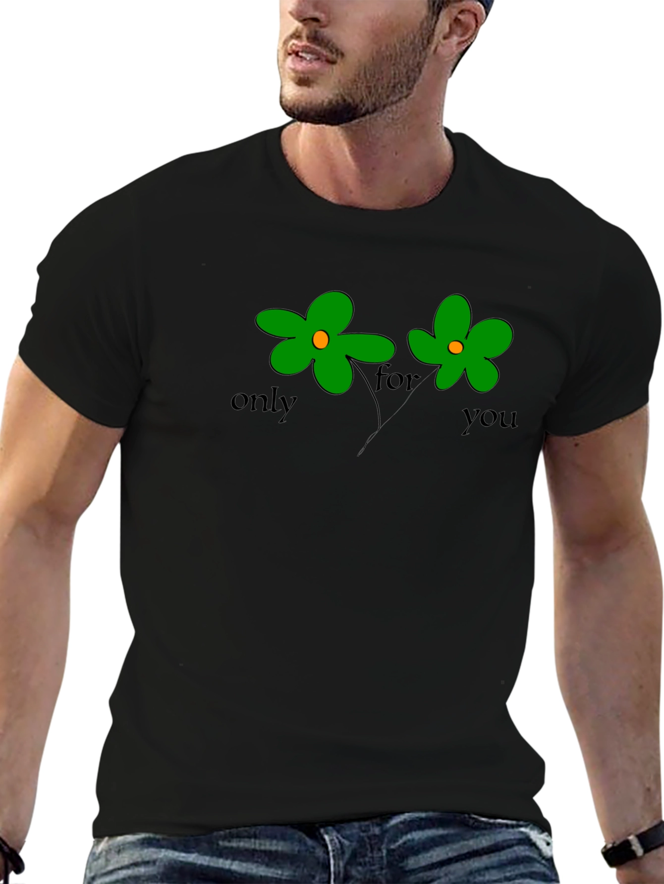 Only For You Green Flower Graphic Black T-Shirt
