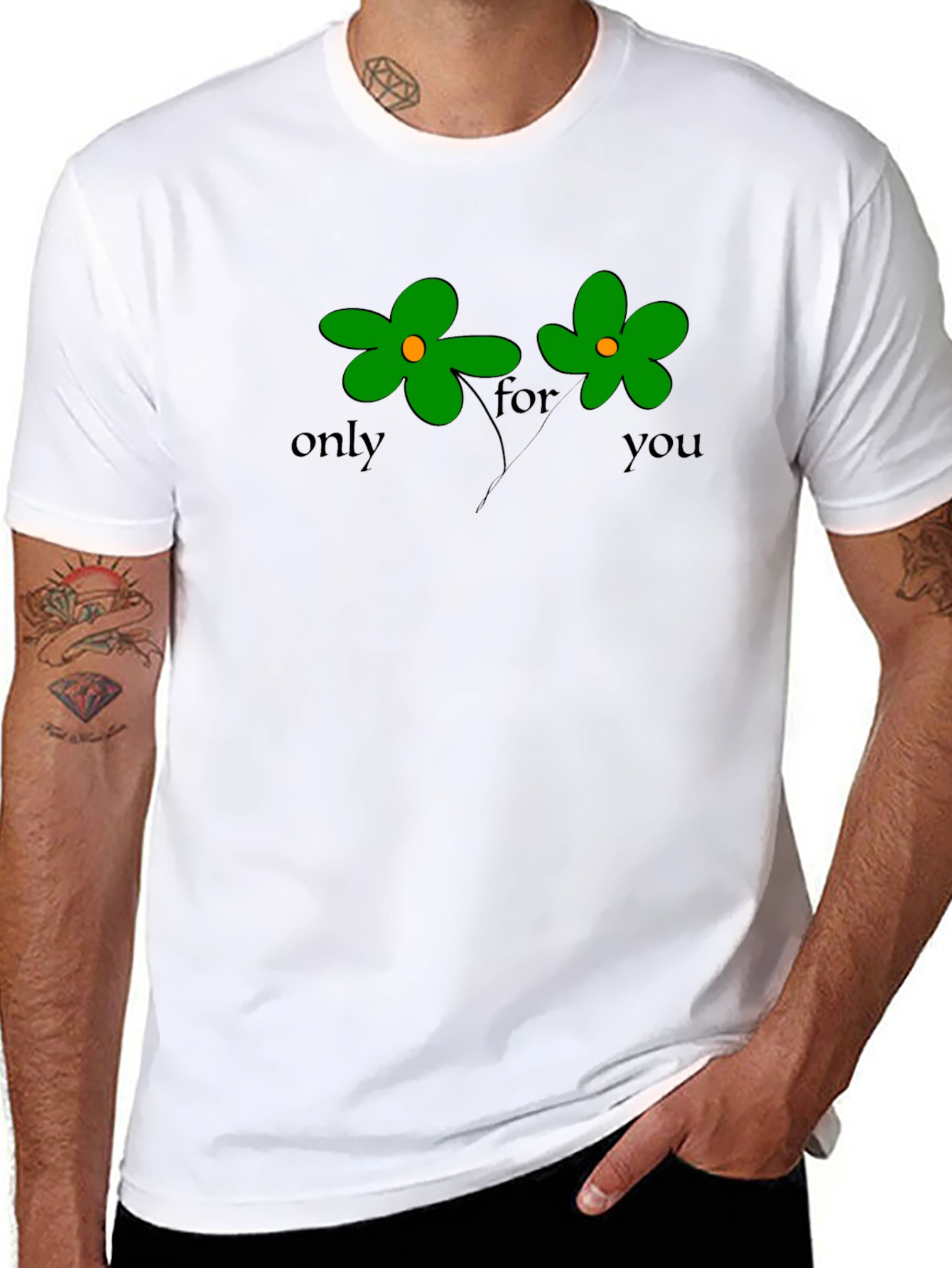 Only For You Green Flower Graphic Black T-Shirt