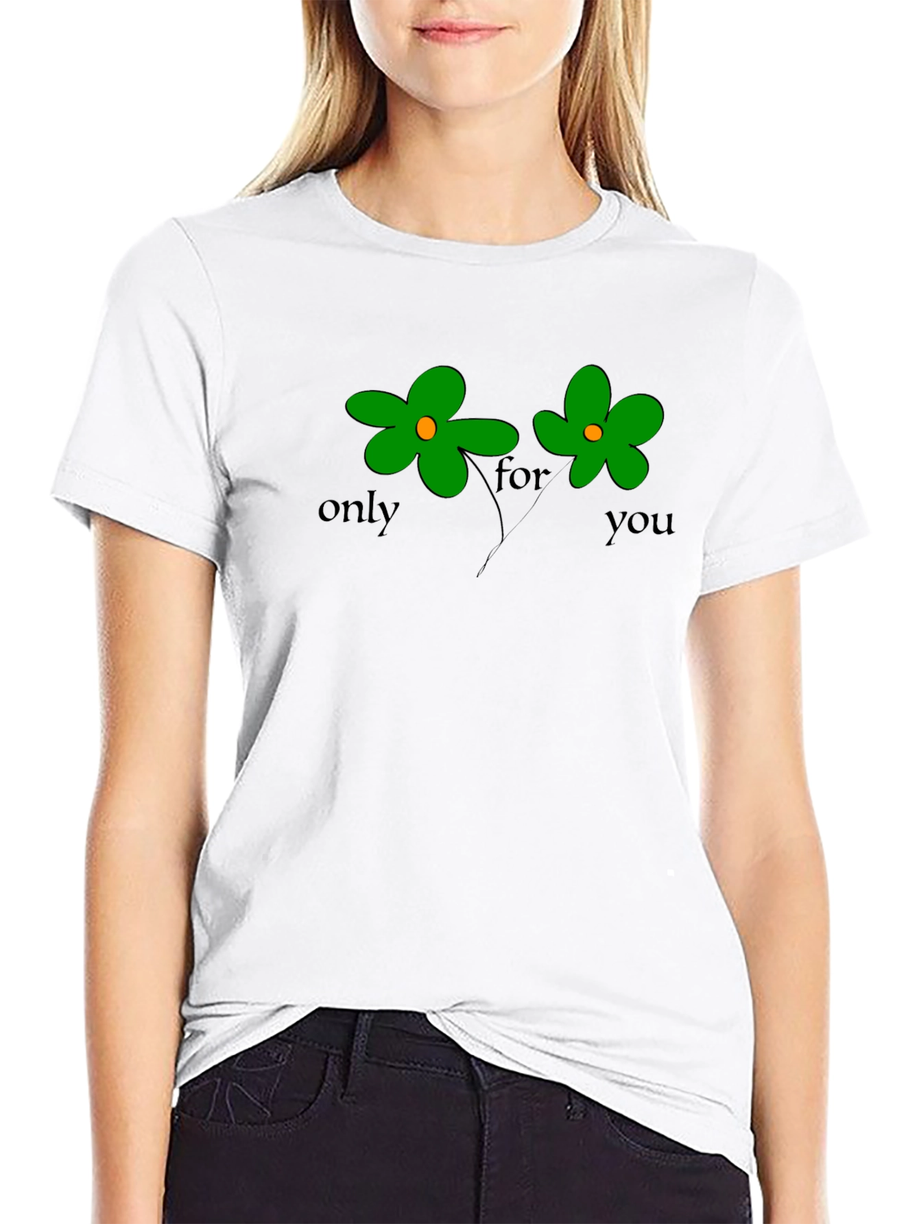Only For You Green Flower Graphic Black T-Shirt