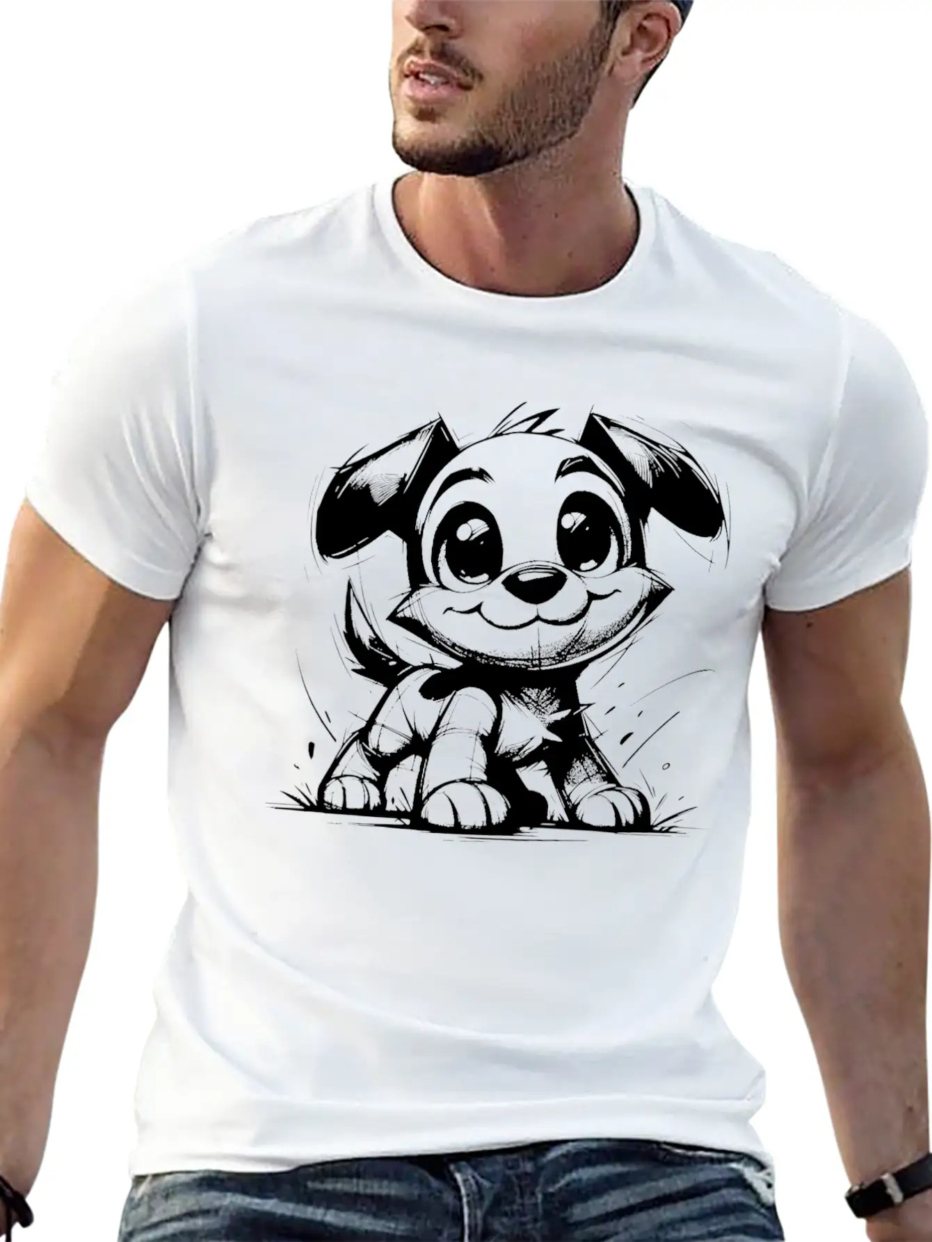 Baby Dog Pencil Sketch Big Eyes And Ears Classic Fit Graphic Tee For Daily Comfort – Unisex Cotton Shirt