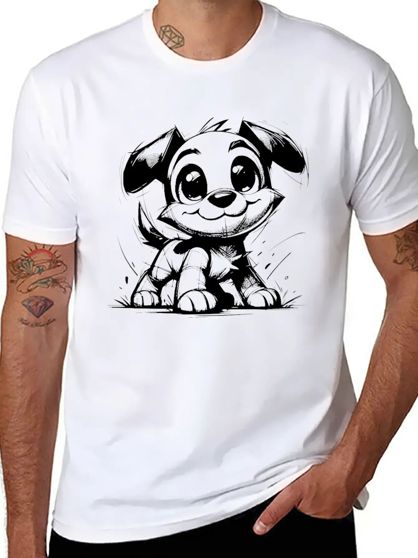 Baby Dog Pencil Sketch Big Eyes And Ears Classic Fit Graphic Tee For Daily Comfort – Unisex Cotton Shirt