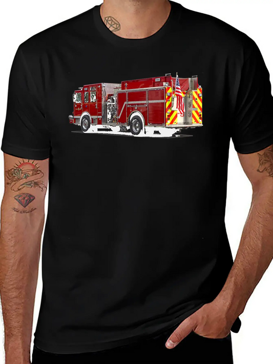 Back Of Fire Engine With American Flag Soft Cotton Short Sleeve Tee – Unisex Wardrobe Staple