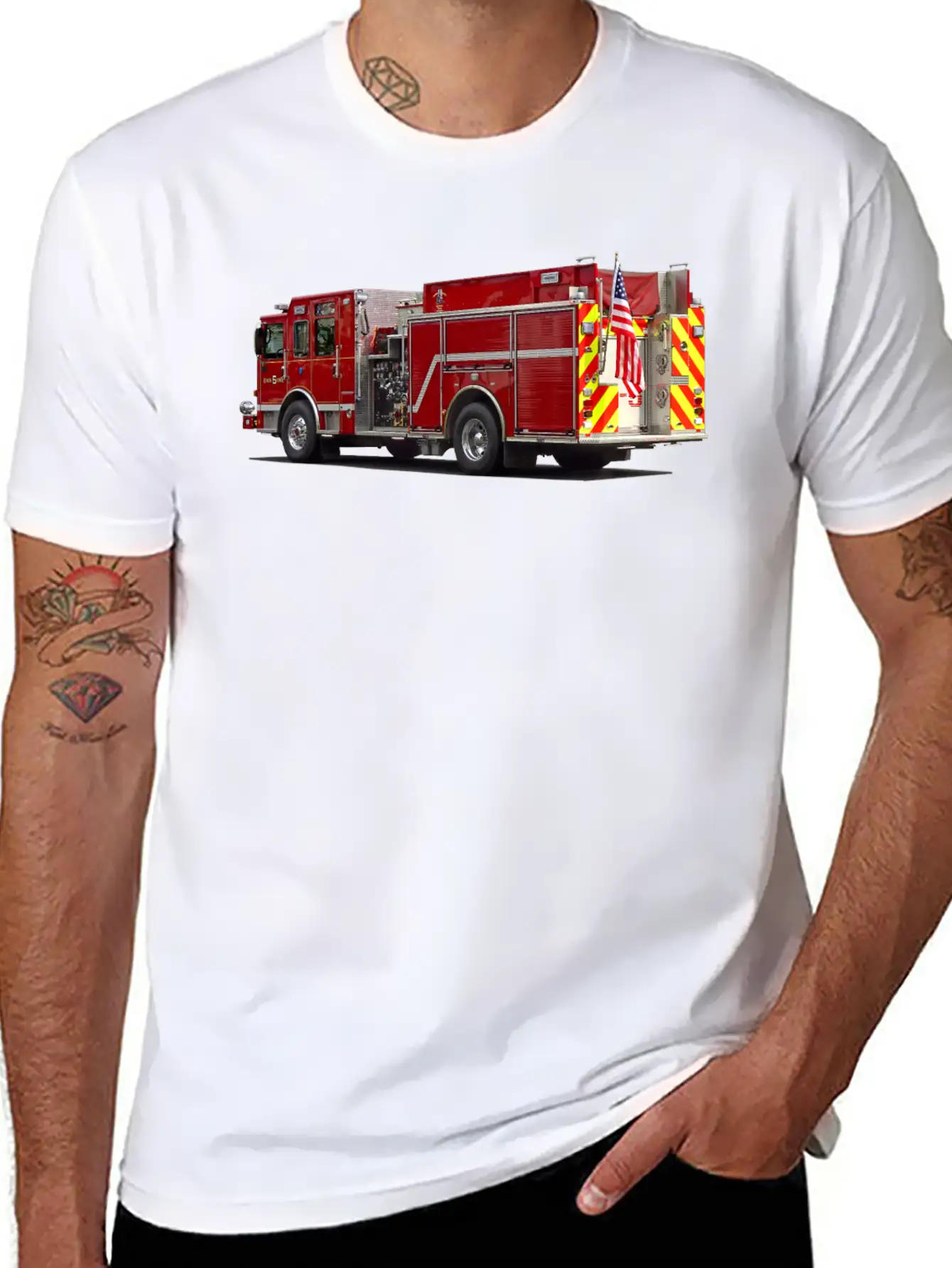 Back Of Fire Engine With American Flag Soft Cotton Short Sleeve Tee – Unisex Wardrobe Staple