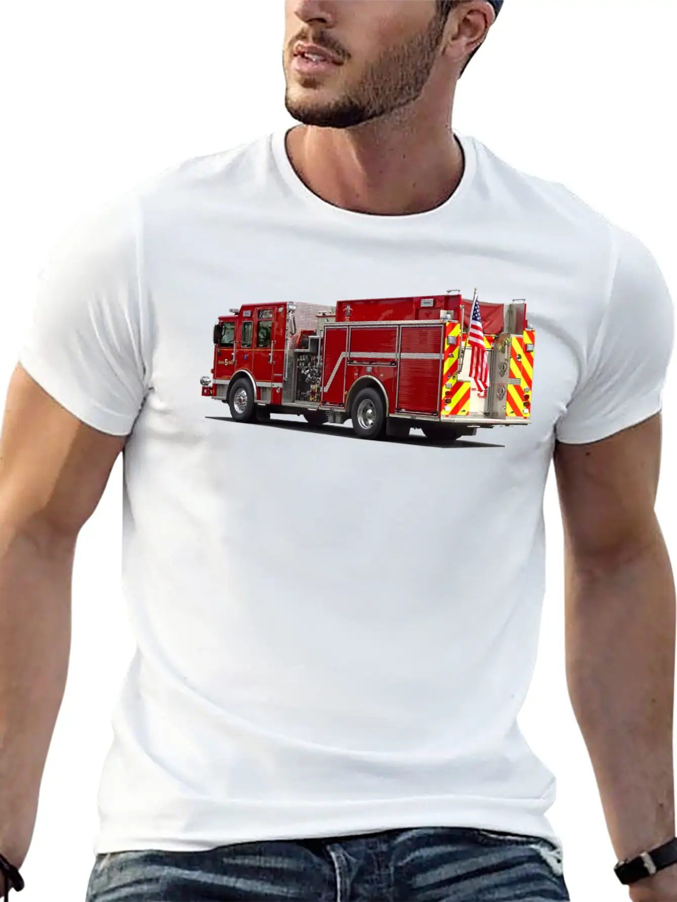 Back Of Fire Engine With American Flag Soft Cotton Short Sleeve Tee – Unisex Wardrobe Staple
