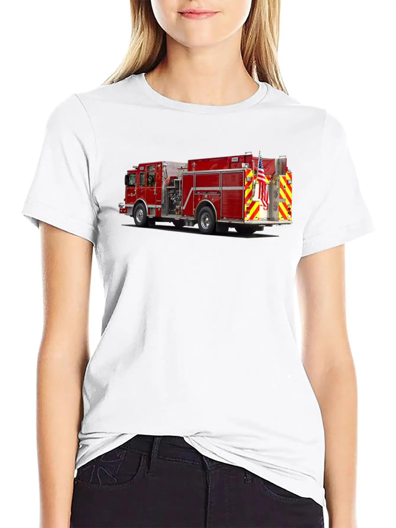 Back Of Fire Engine With American Flag Soft Cotton Short Sleeve Tee – Unisex Wardrobe Staple
