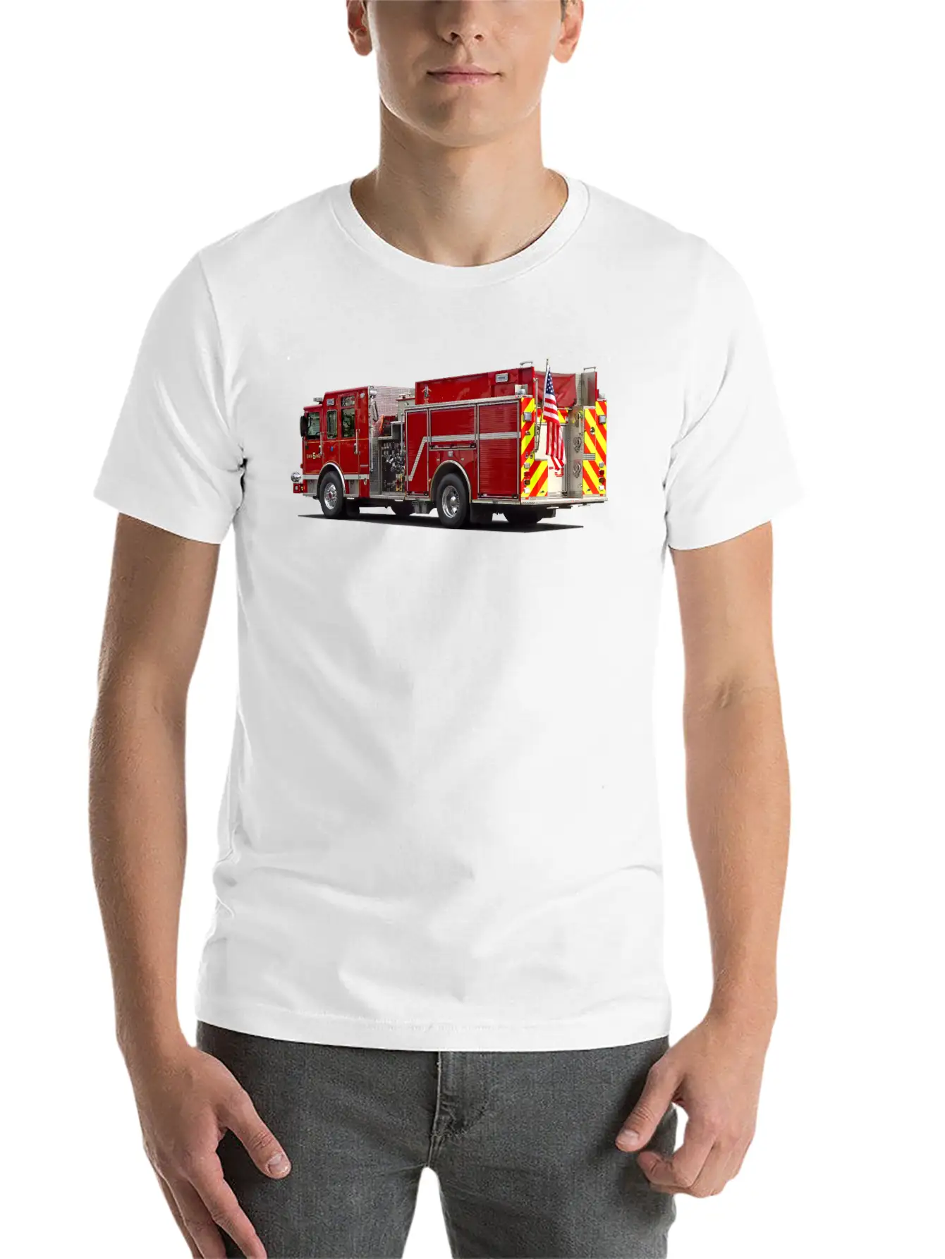 Back Of Fire Engine With American Flag Soft Cotton Short Sleeve Tee – Unisex Wardrobe Staple