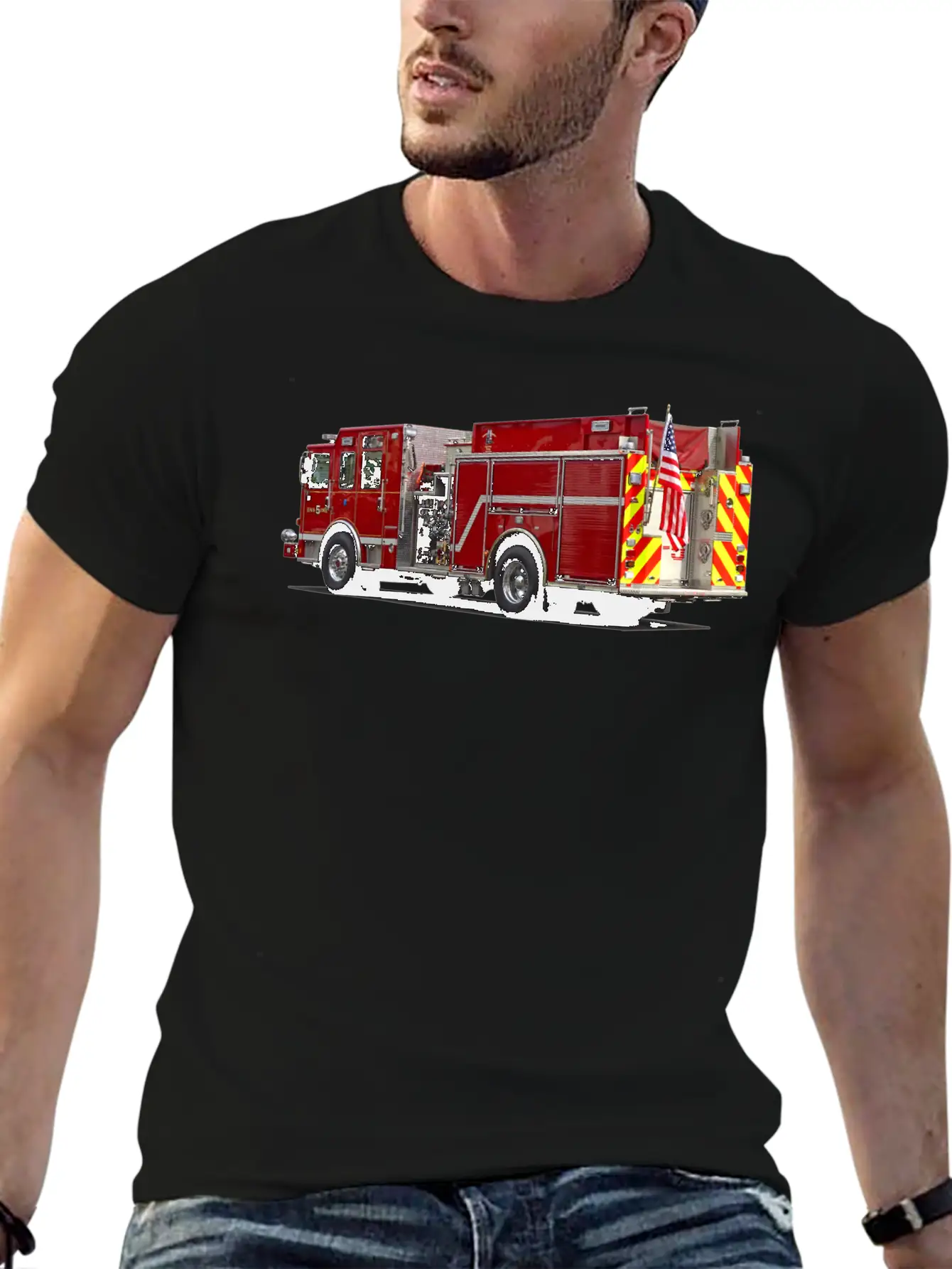 Back Of Fire Engine With American Flag Soft Cotton Short Sleeve Tee – Unisex Wardrobe Staple