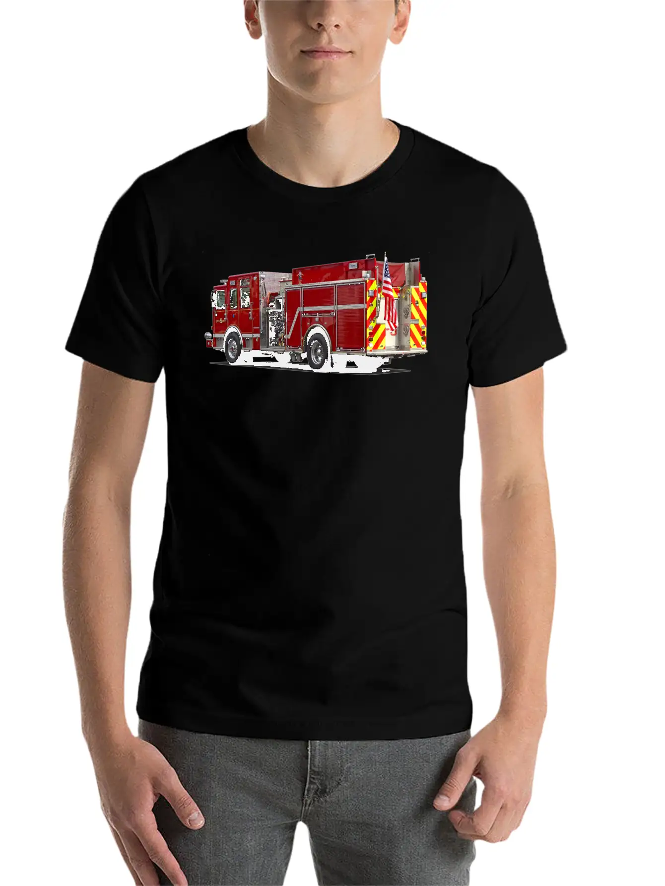 Back Of Fire Engine With American Flag Soft Cotton Short Sleeve Tee – Unisex Wardrobe Staple