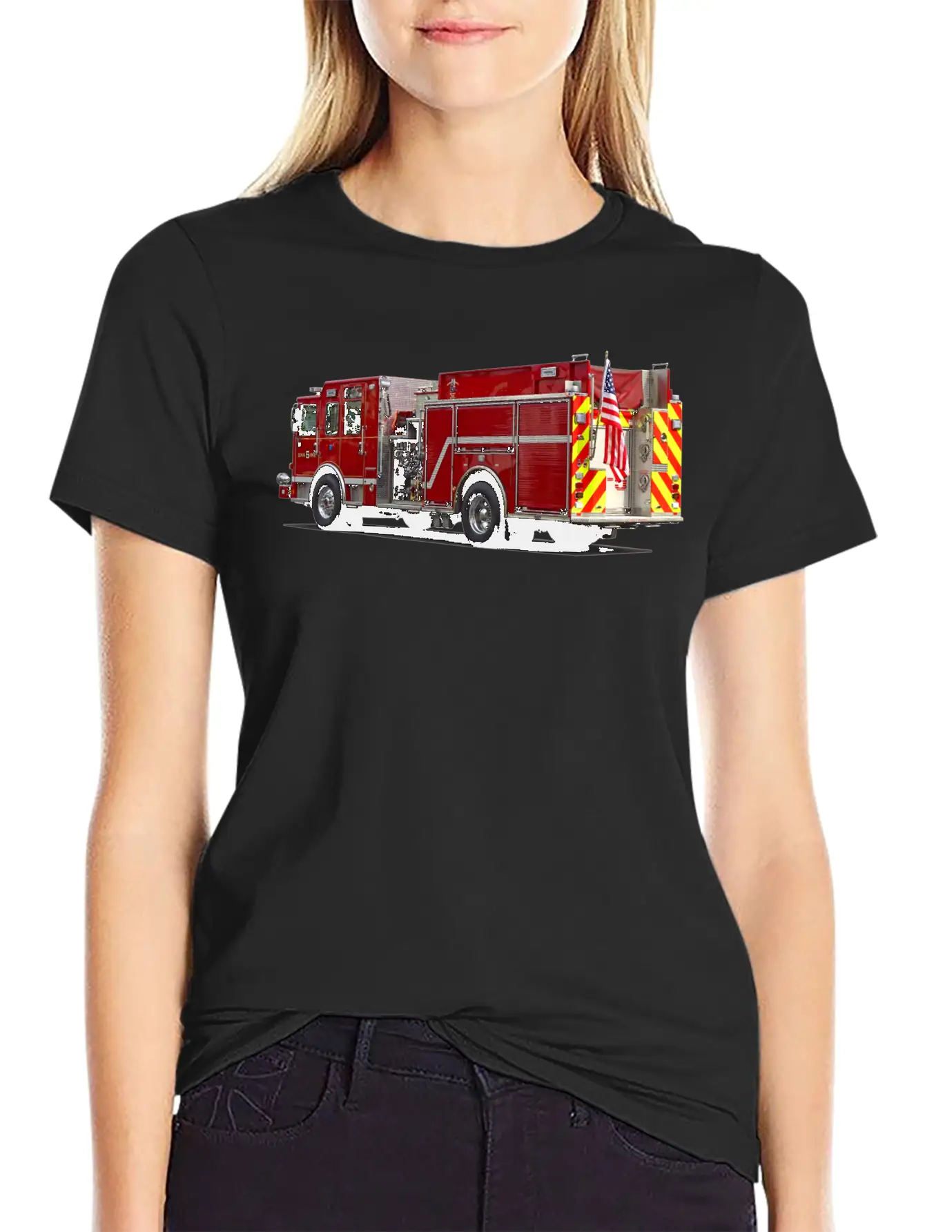 Back Of Fire Engine With American Flag Soft Cotton Short Sleeve Tee – Unisex Wardrobe Staple