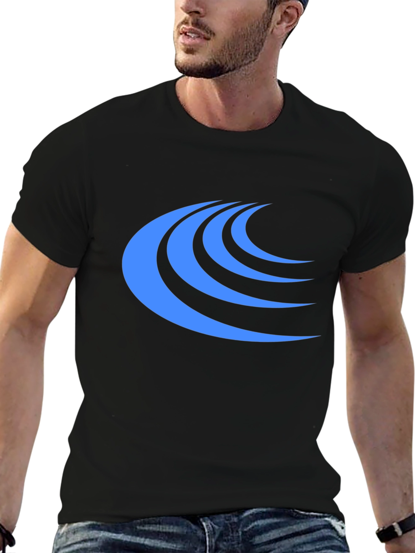 Stylish Black Tee with Blue Wave Design