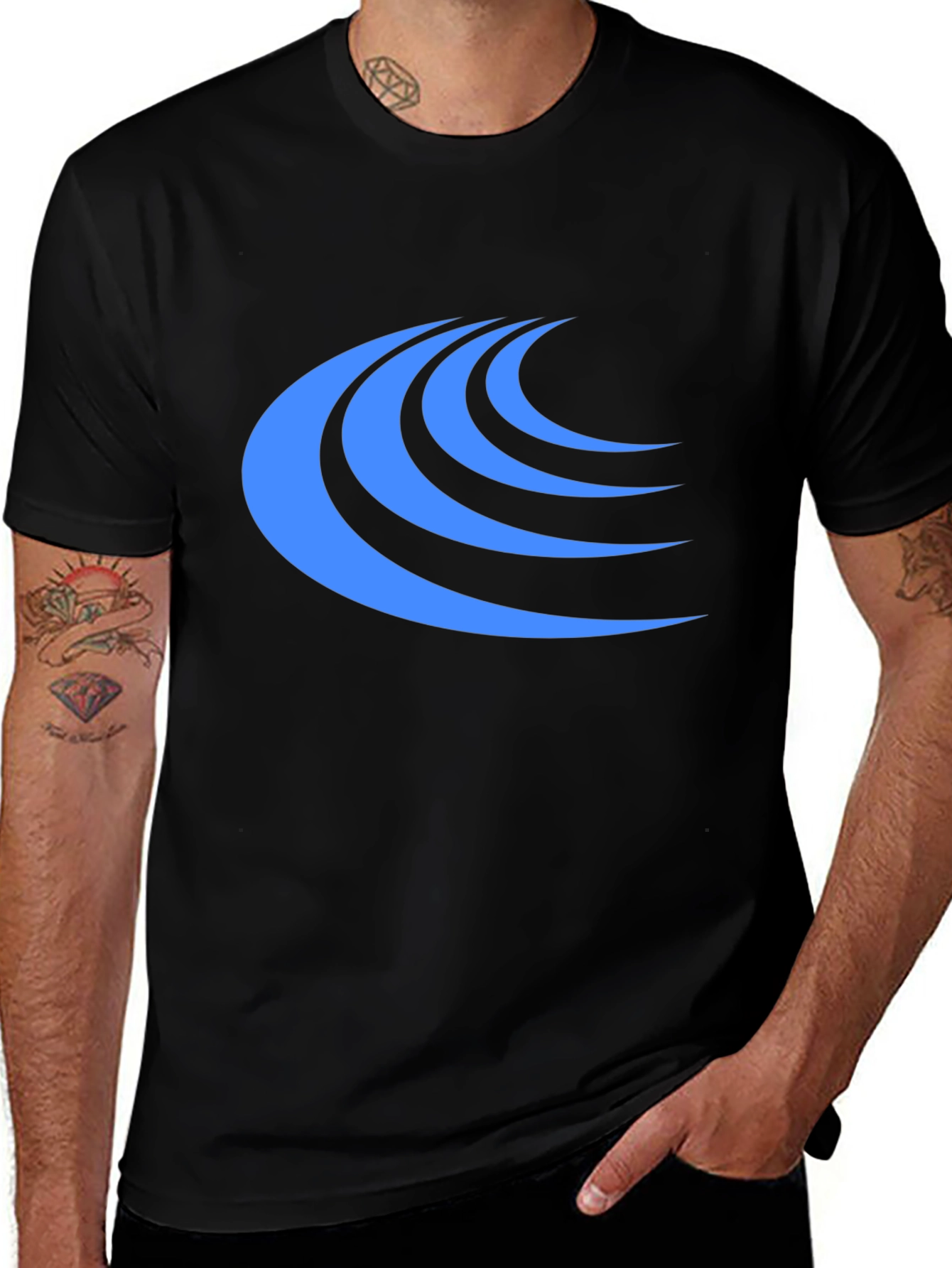Stylish Black Tee with Blue Wave Design