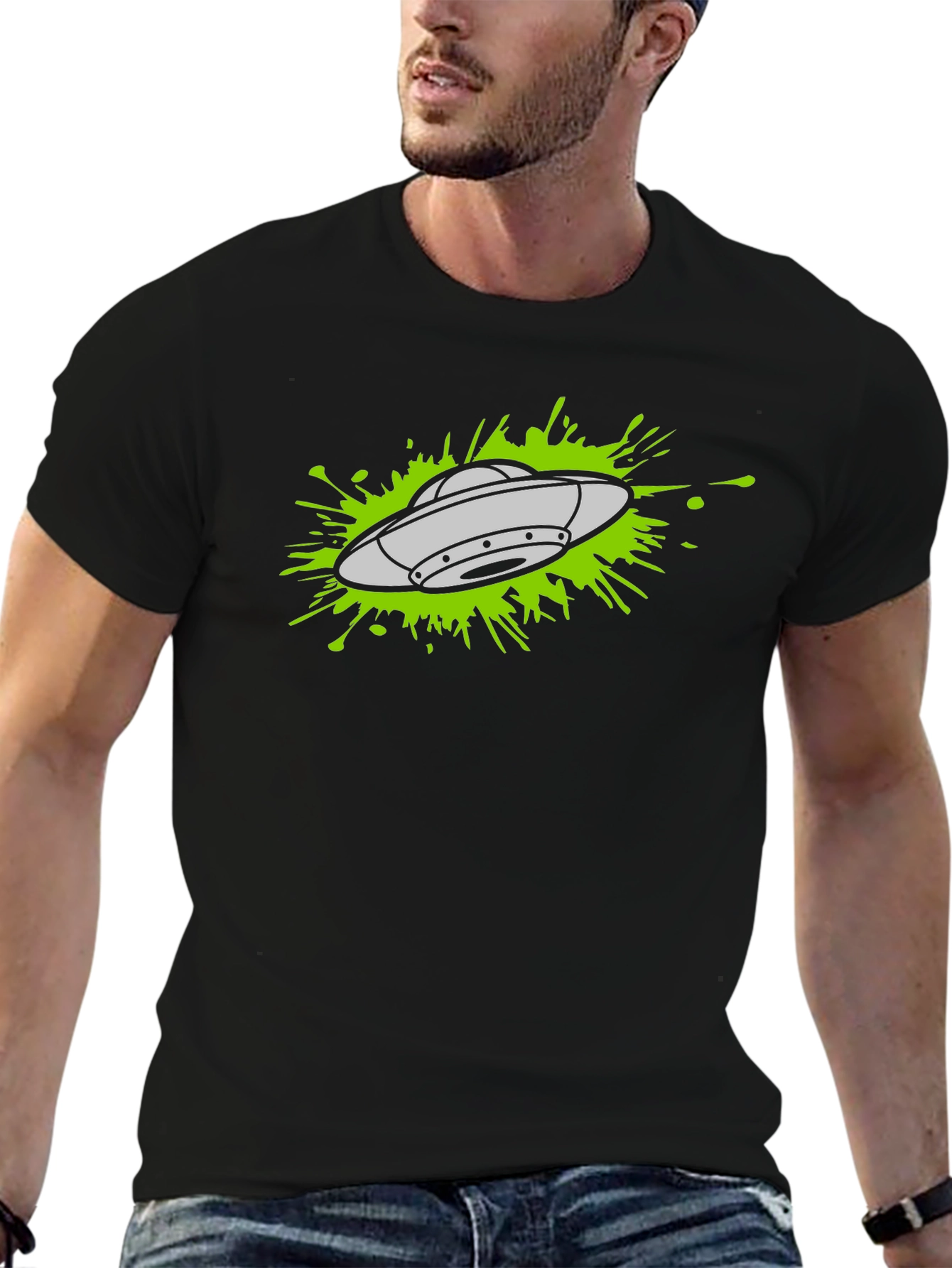 UFO Splatter Graphic Tee - Black Cotton T-Shirt
