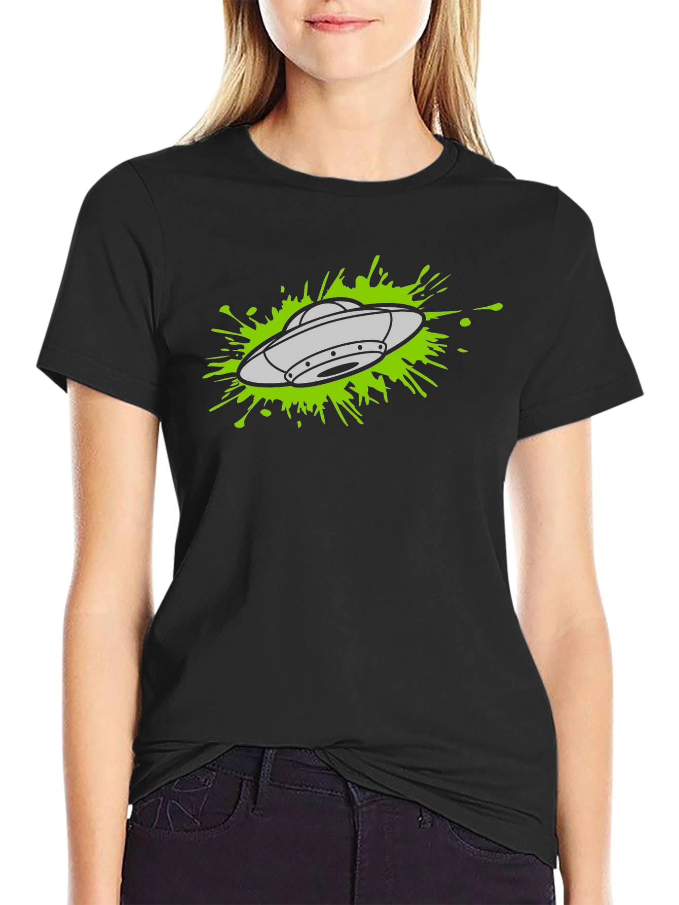 UFO Splatter Graphic Tee - Black Cotton T-Shirt