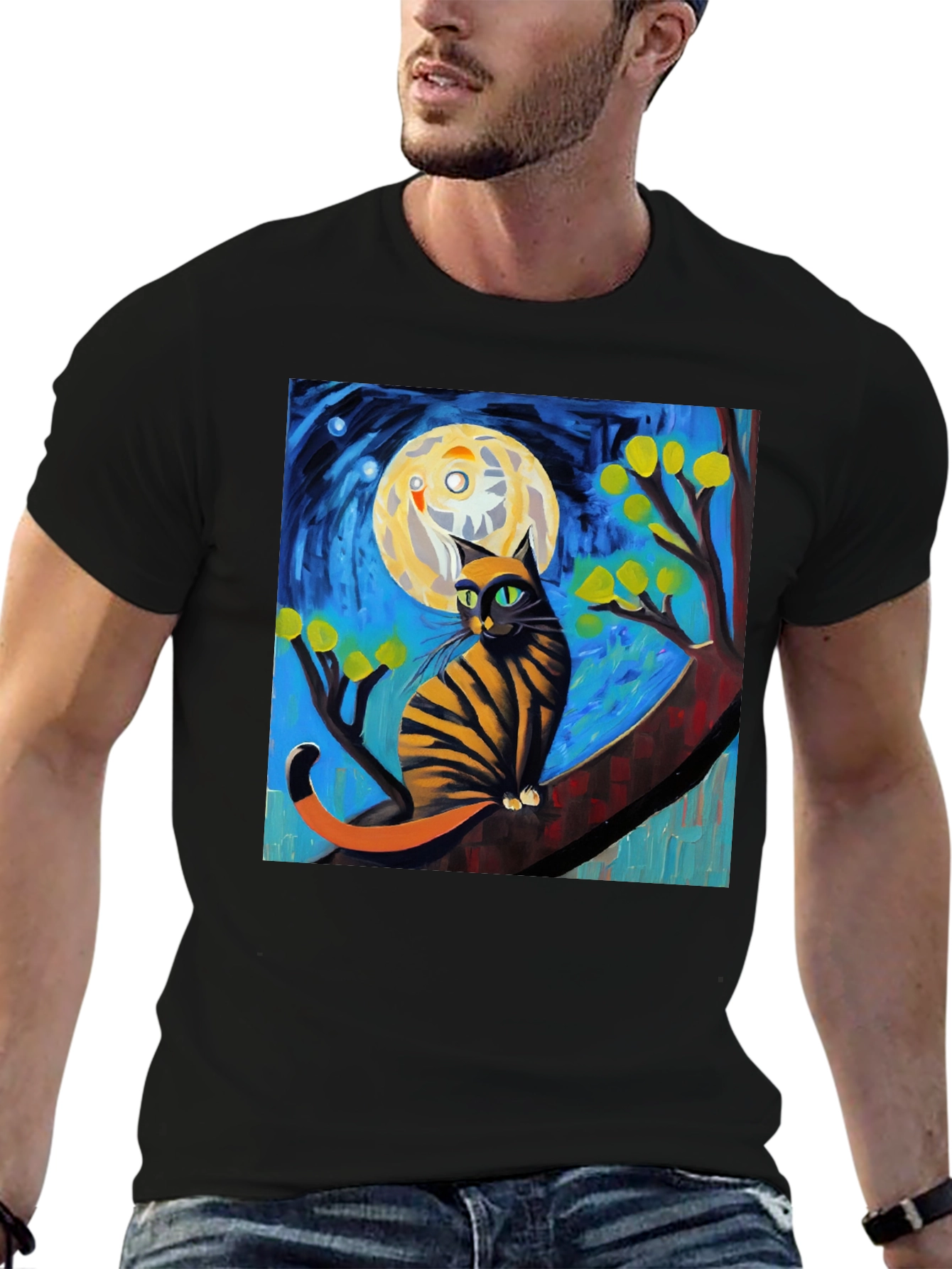 Starry Night Cat T-Shirt - Unique Art Tee