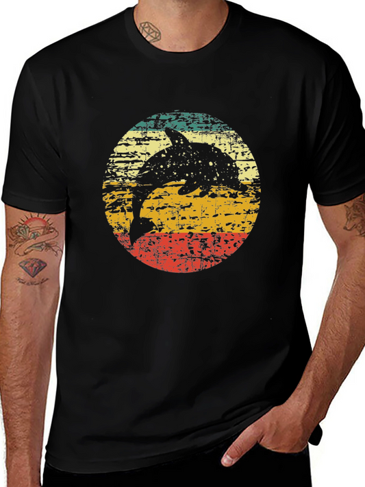 Retro Dolphin Sunset T-Shirt - Vintage Style Black Tee