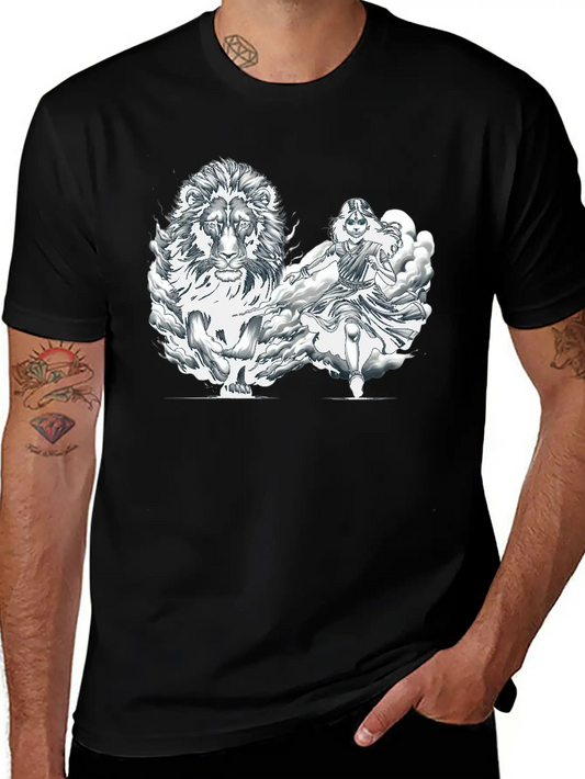 "Graceful Harmony: Girl Running With Lion In Gray Basic Graphic T-Shirt – Daily Comfort In Soft Cotton
