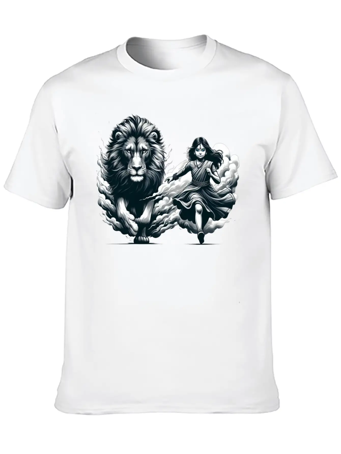 "Graceful Harmony: Girl Running With Lion In Gray Basic Graphic T-Shirt – Daily Comfort In Soft Cotton