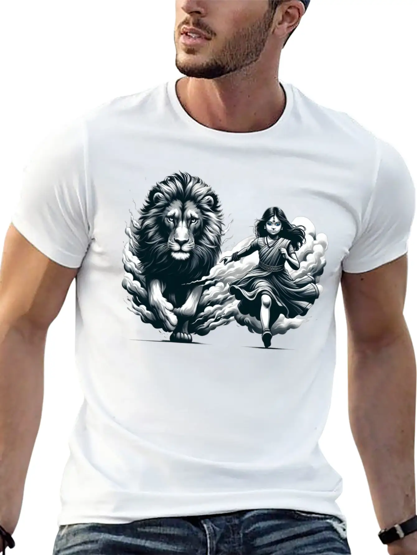 "Graceful Harmony: Girl Running With Lion In Gray Basic Graphic T-Shirt – Daily Comfort In Soft Cotton