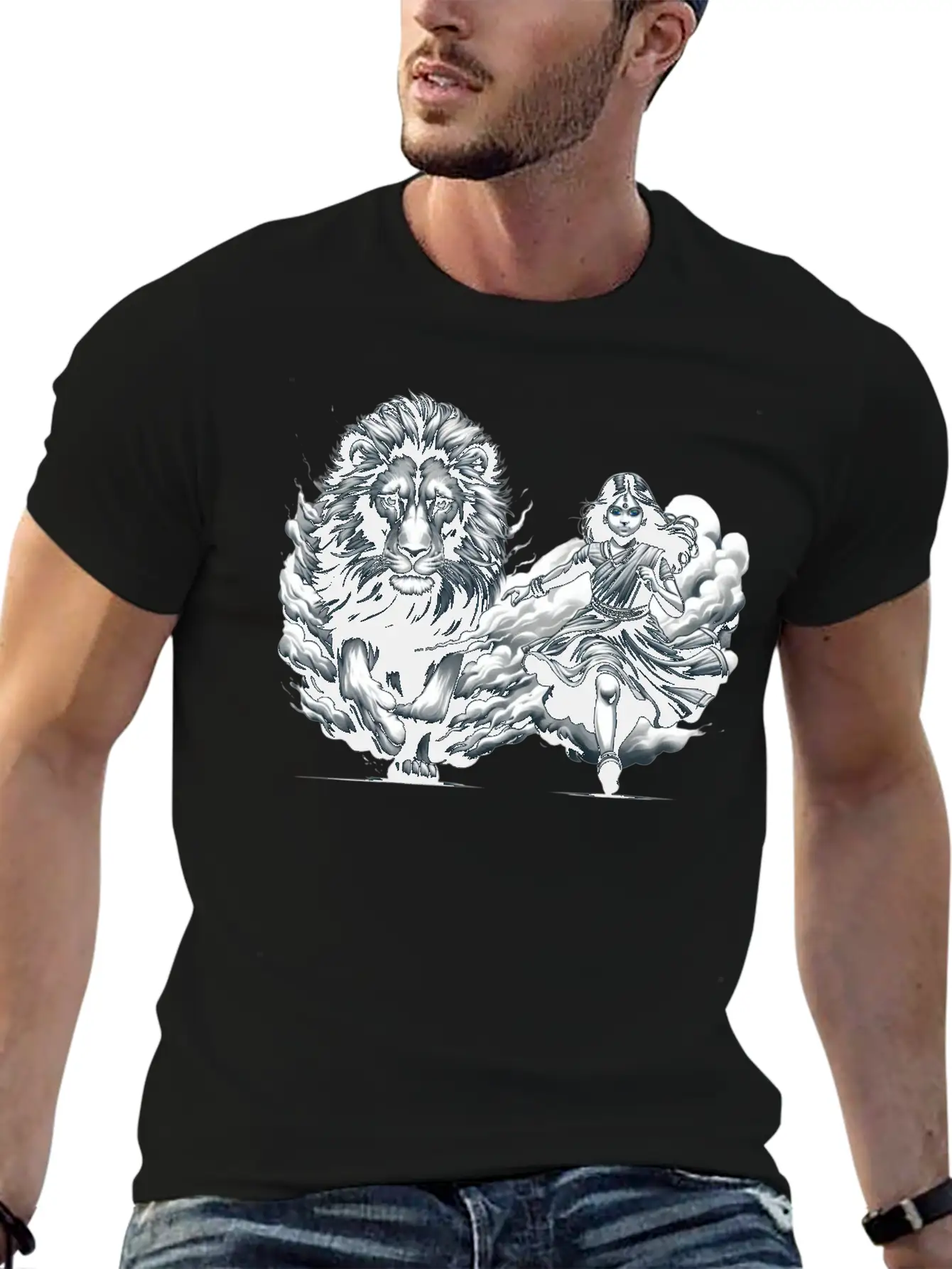 "Graceful Harmony: Girl Running With Lion In Gray Basic Graphic T-Shirt – Daily Comfort In Soft Cotton