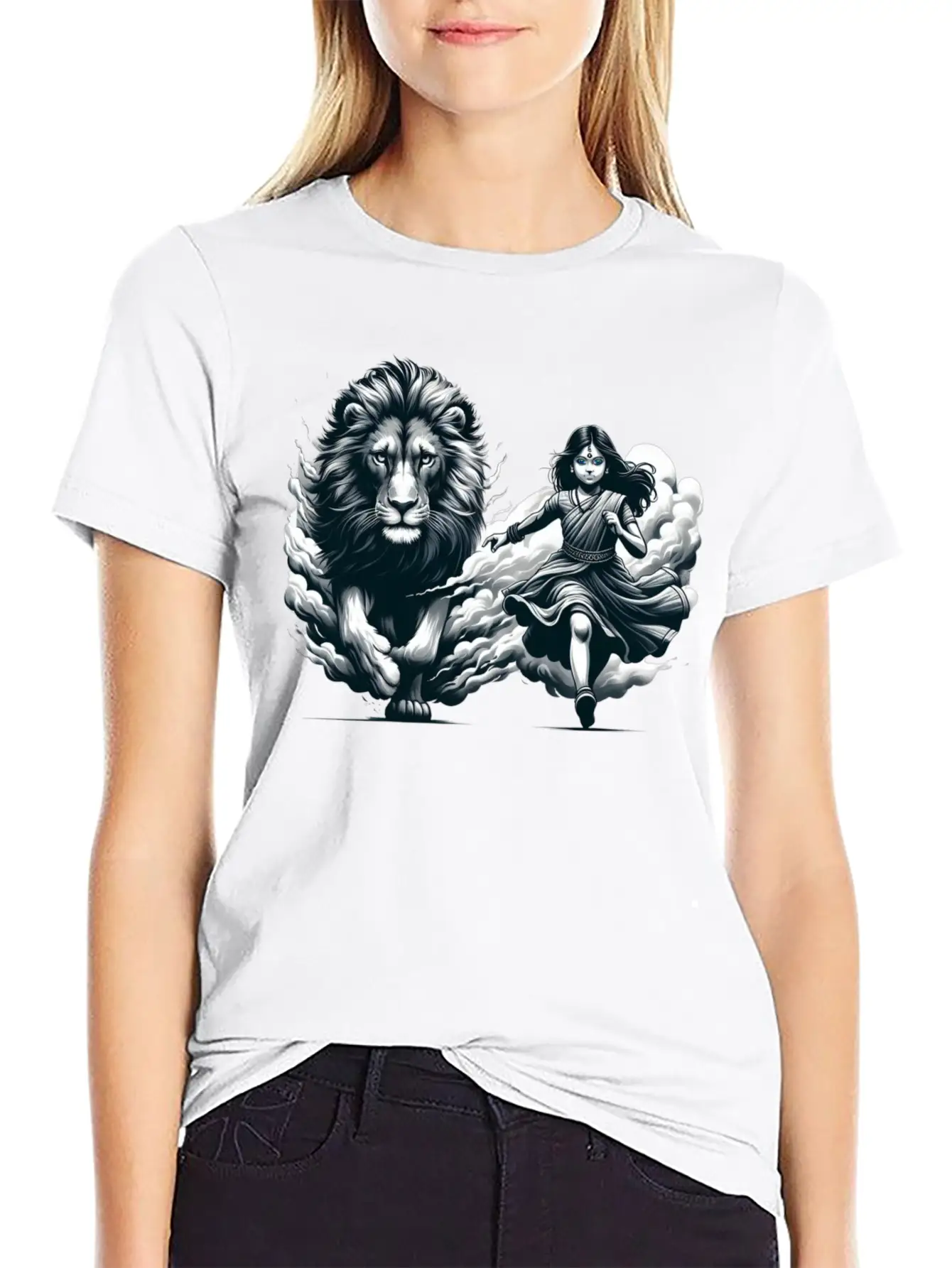 "Graceful Harmony: Girl Running With Lion In Gray Basic Graphic T-Shirt – Daily Comfort In Soft Cotton