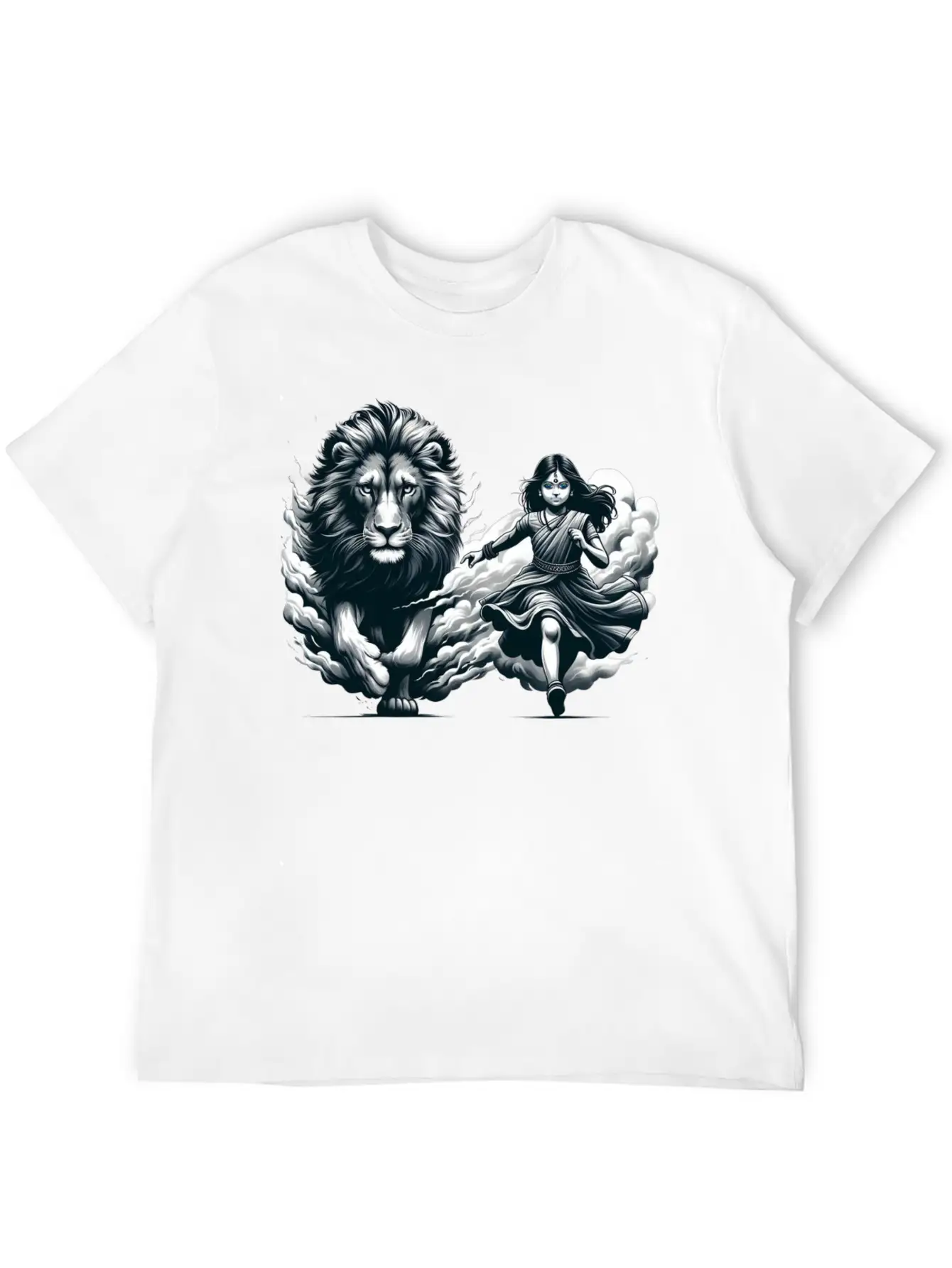 "Graceful Harmony: Girl Running With Lion In Gray Basic Graphic T-Shirt – Daily Comfort In Soft Cotton