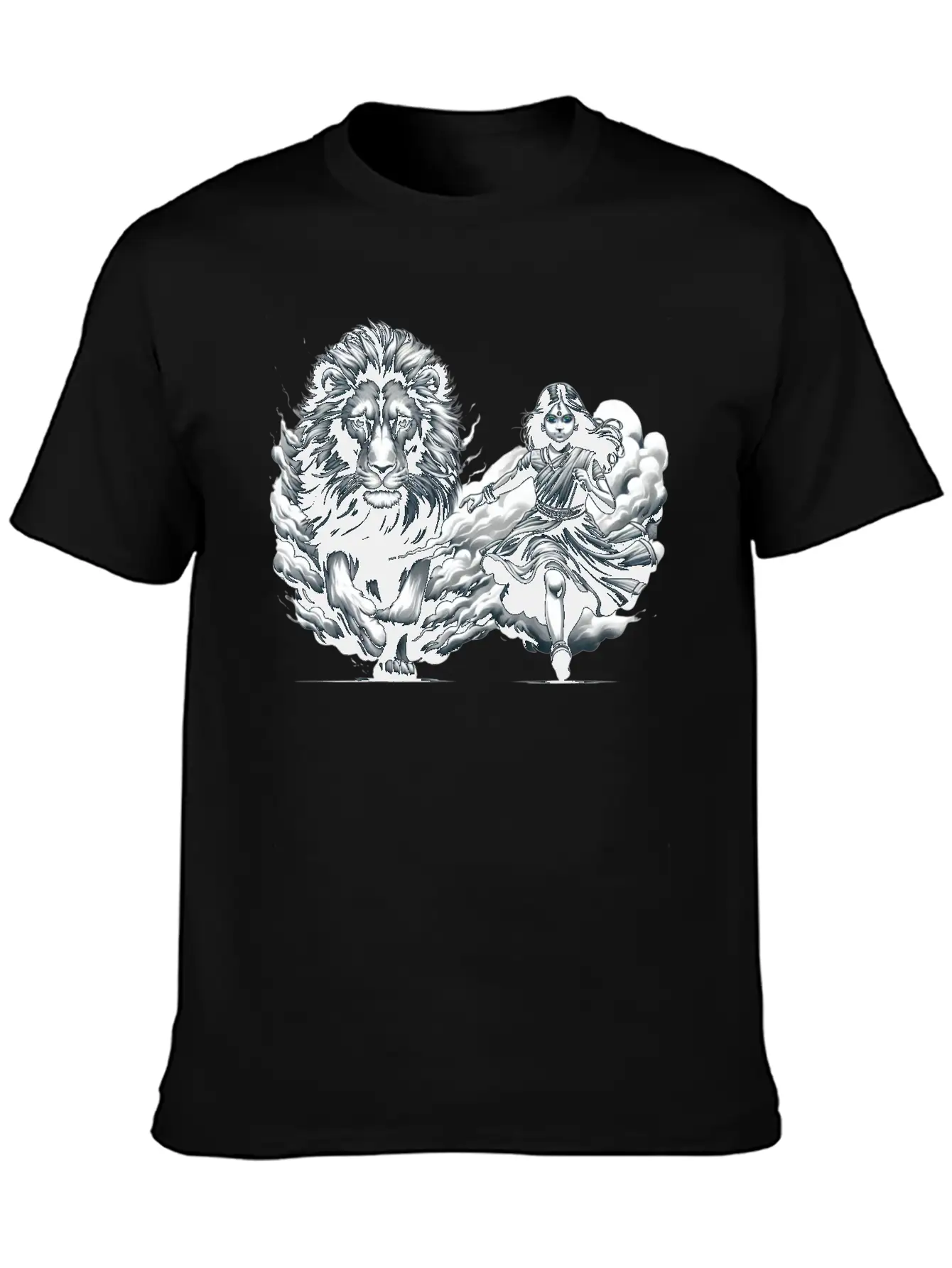 "Graceful Harmony: Girl Running With Lion In Gray Basic Graphic T-Shirt – Daily Comfort In Soft Cotton