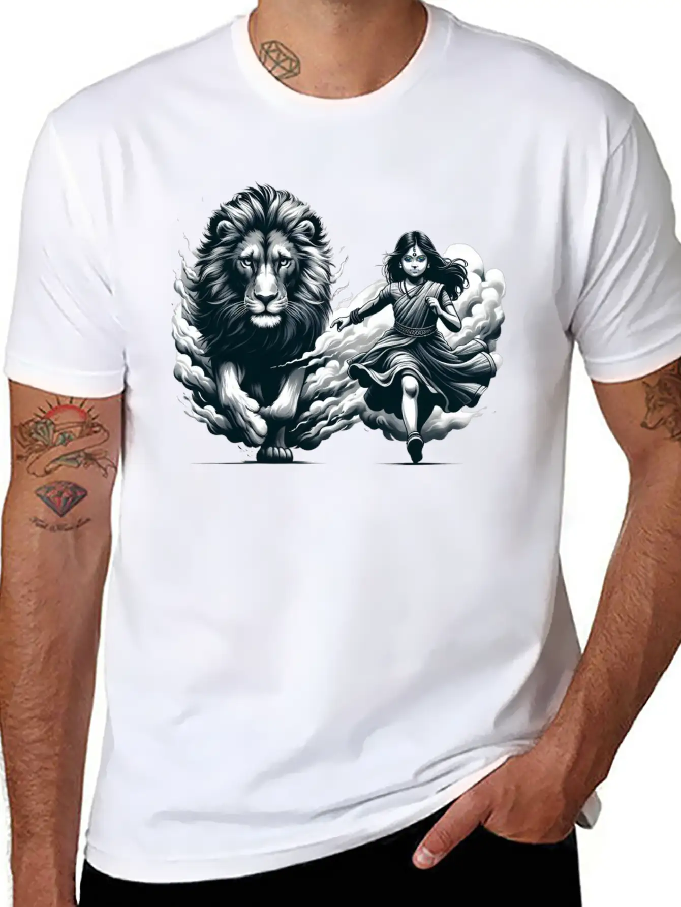 "Graceful Harmony: Girl Running With Lion In Gray Basic Graphic T-Shirt – Daily Comfort In Soft Cotton