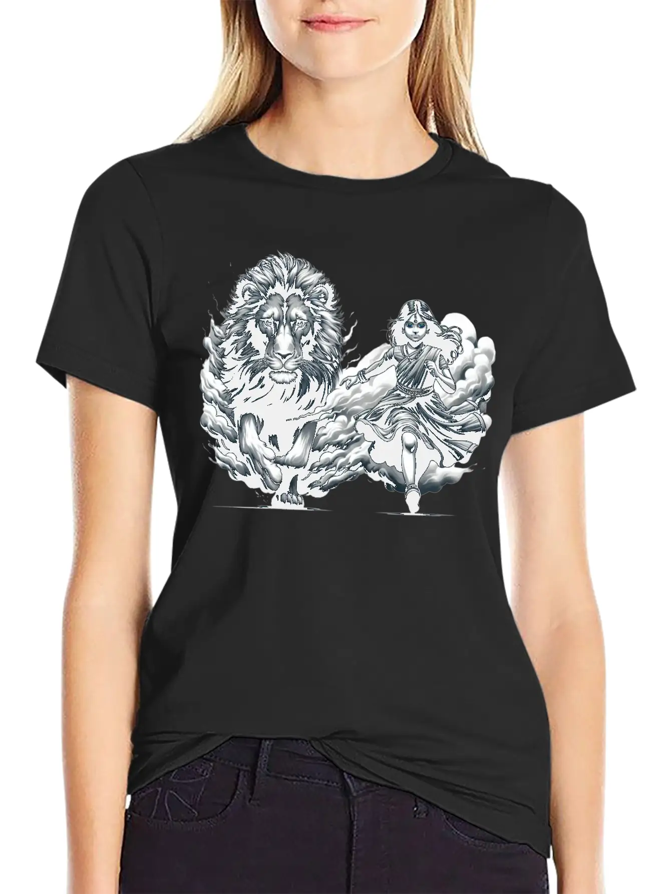 "Graceful Harmony: Girl Running With Lion In Gray Basic Graphic T-Shirt – Daily Comfort In Soft Cotton