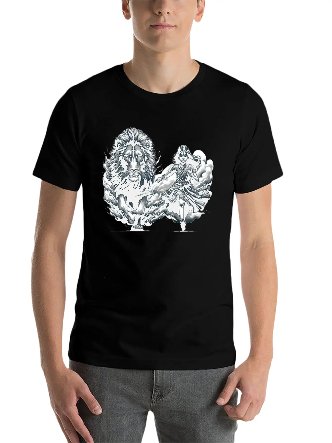 "Graceful Harmony: Girl Running With Lion In Gray Basic Graphic T-Shirt – Daily Comfort In Soft Cotton