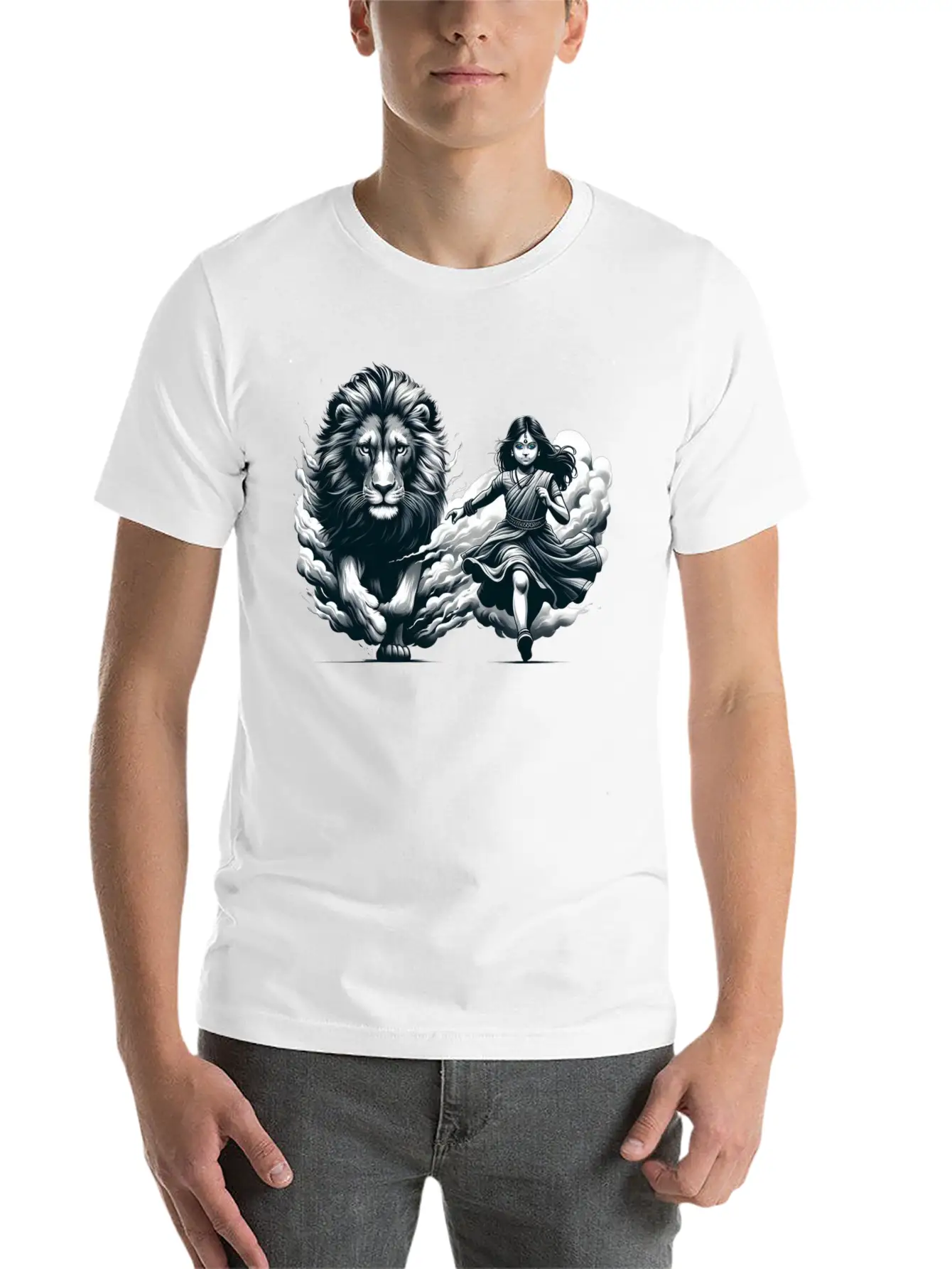 "Graceful Harmony: Girl Running With Lion In Gray Basic Graphic T-Shirt – Daily Comfort In Soft Cotton