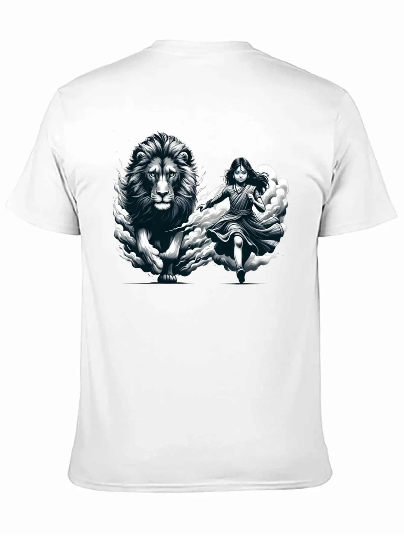 "Graceful Harmony: Girl Running With Lion In Gray Basic Graphic T-Shirt – Daily Comfort In Soft Cotton