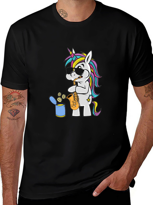 Unicorn Sax Player Graphic T-Shirt - Black Cotton Tee