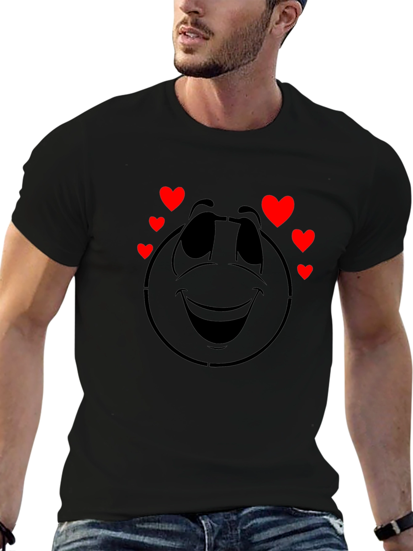 Smiley Face with Hearts Graphic Tee - Black