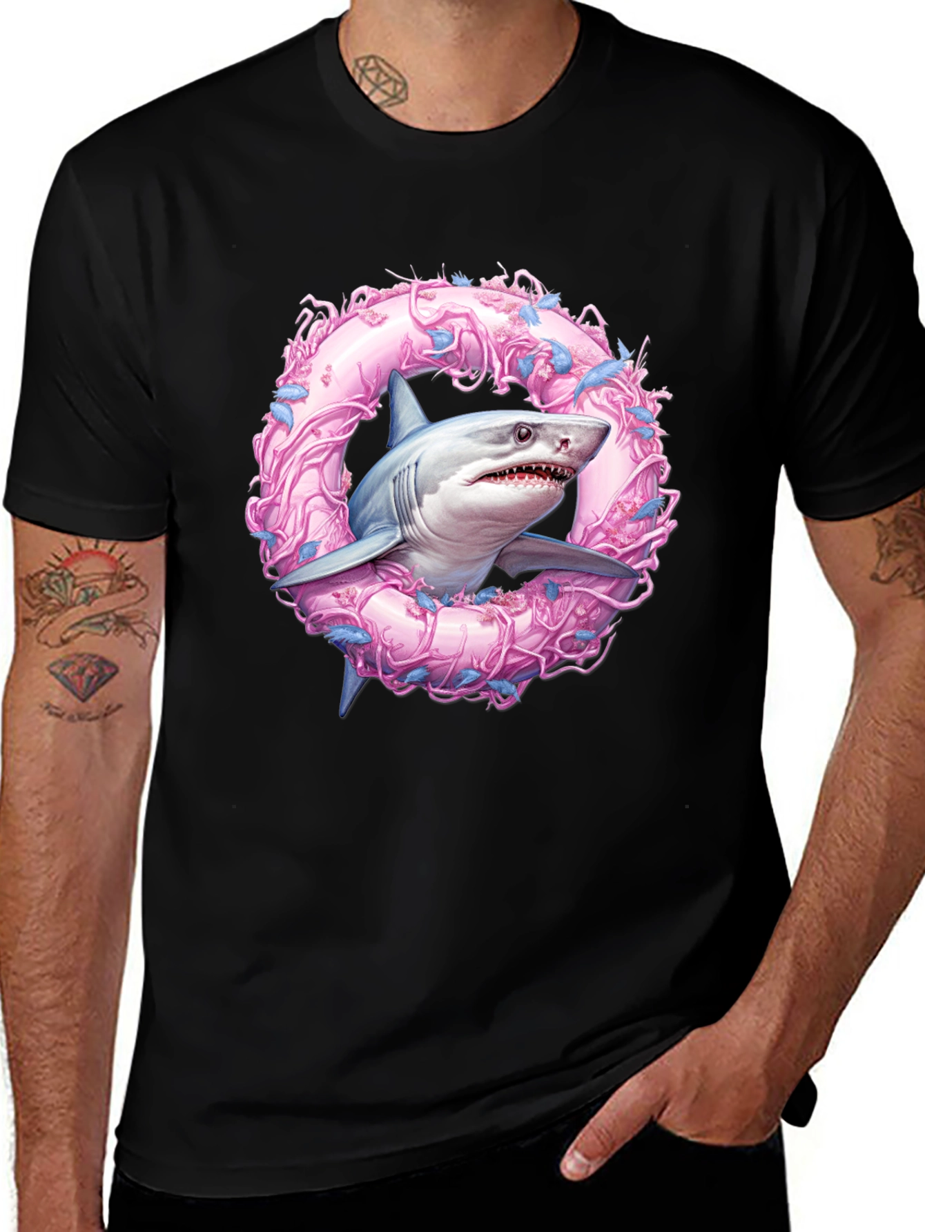 Shark Wreath Graphic Tee - Black Cotton