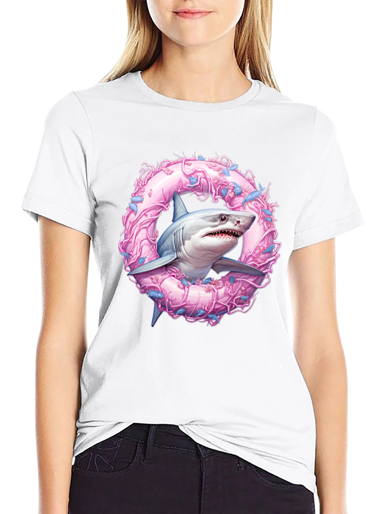 Shark Wreath Graphic Tee - Black Cotton