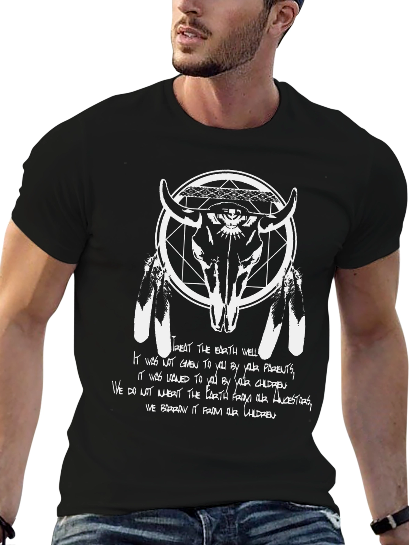 Native American Inspired Bull Skull Graphic T-Shirt