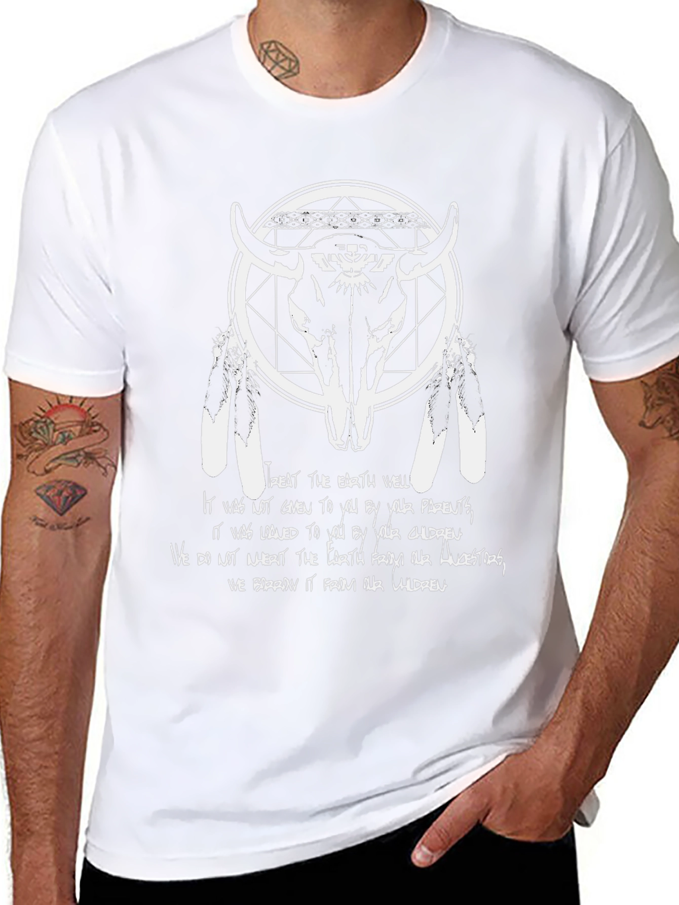 Native American Inspired Bull Skull Graphic T-Shirt