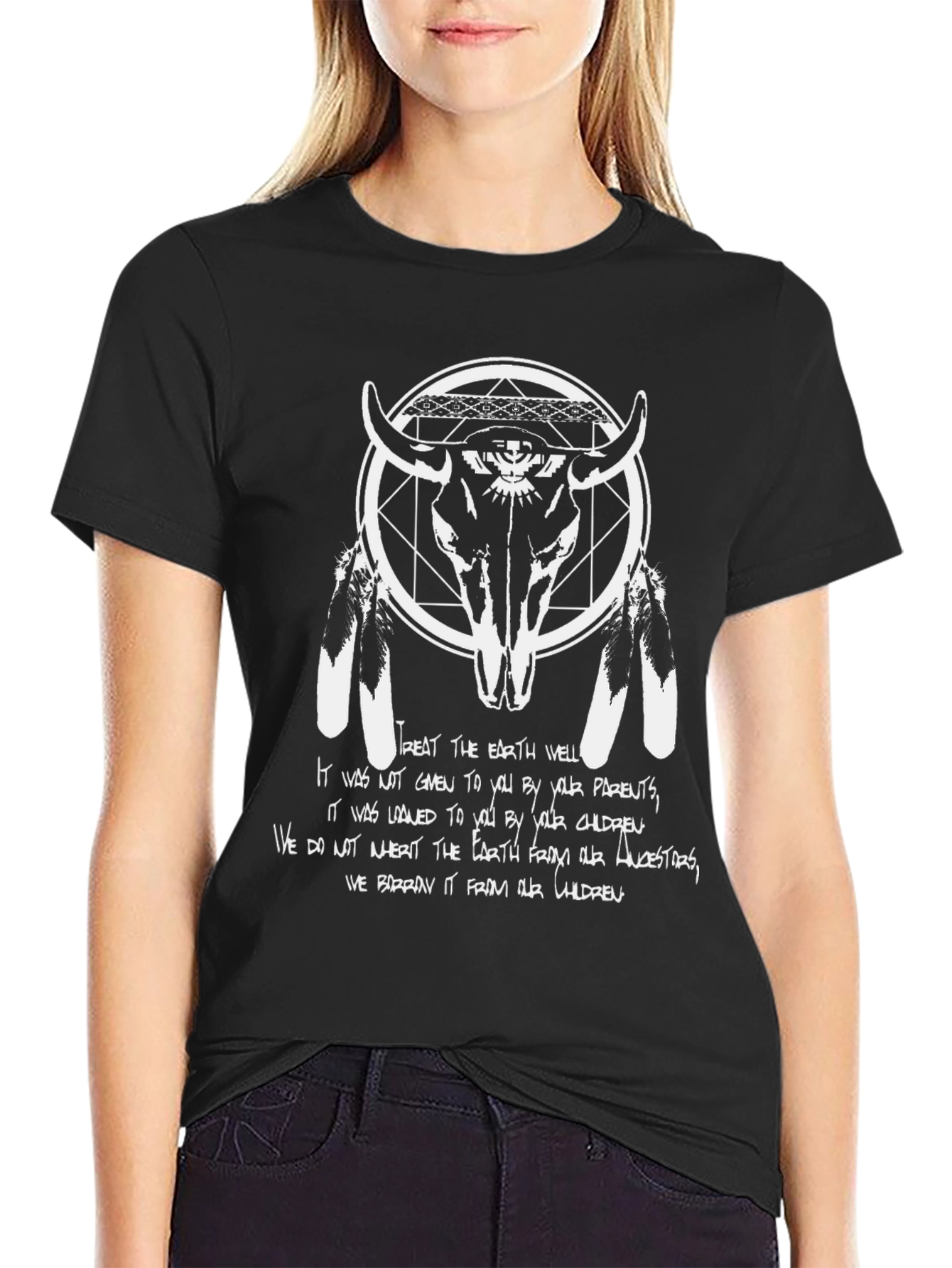 Native American Inspired Bull Skull Graphic T-Shirt