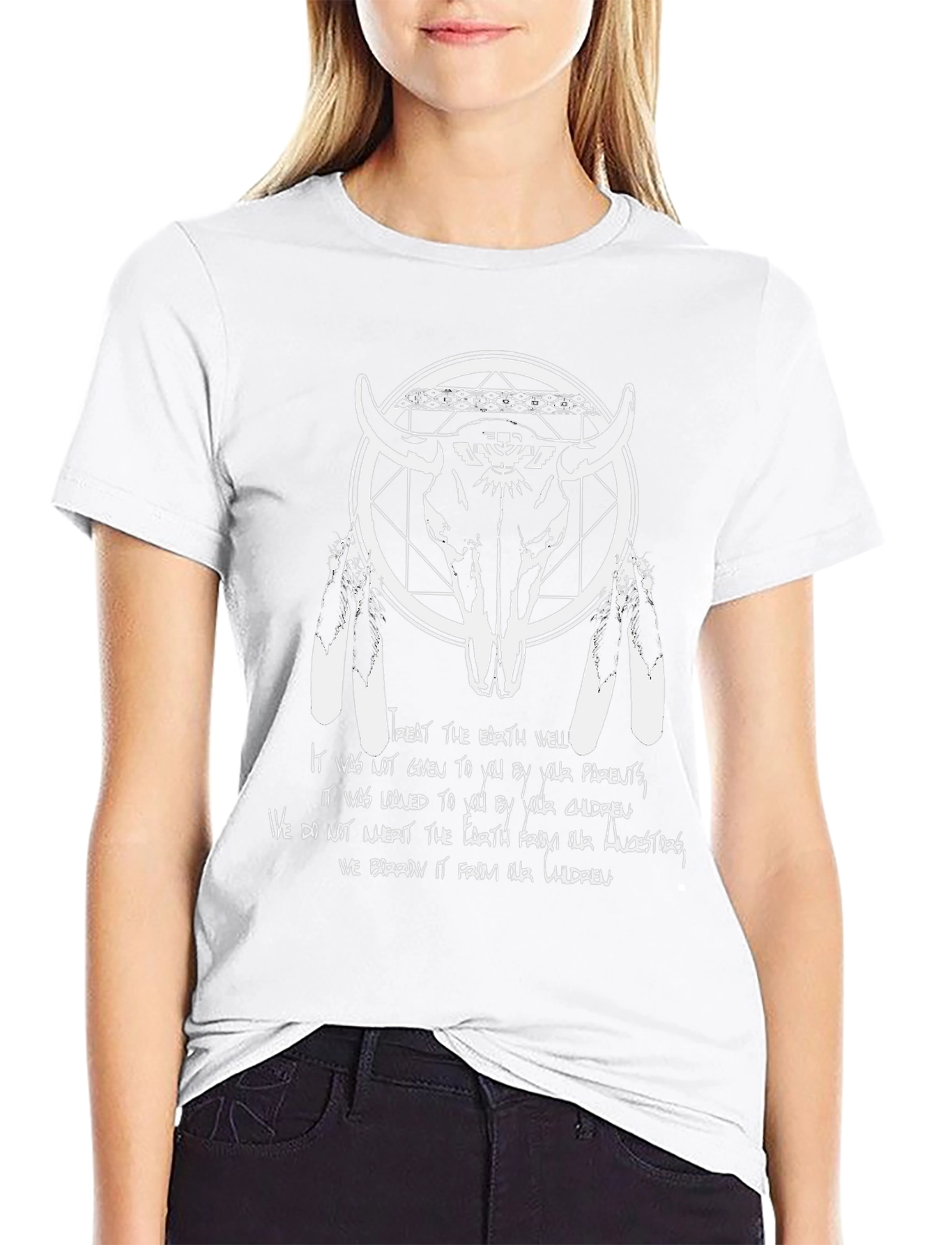 Native American Inspired Bull Skull Graphic T-Shirt