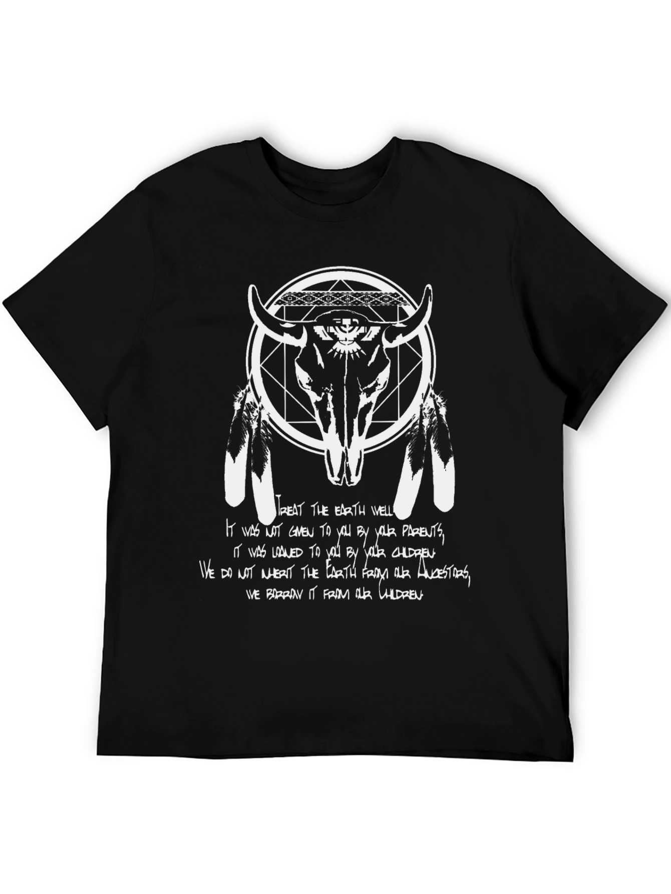 Native American Inspired Bull Skull Graphic T-Shirt