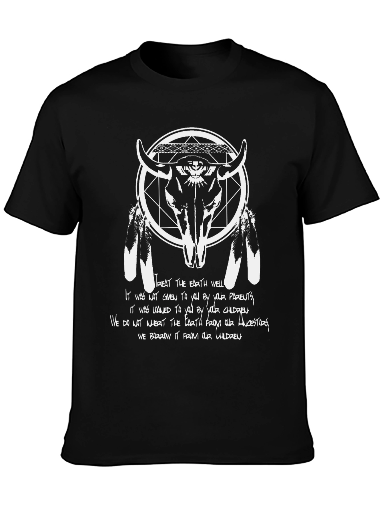 Native American Inspired Bull Skull Graphic T-Shirt