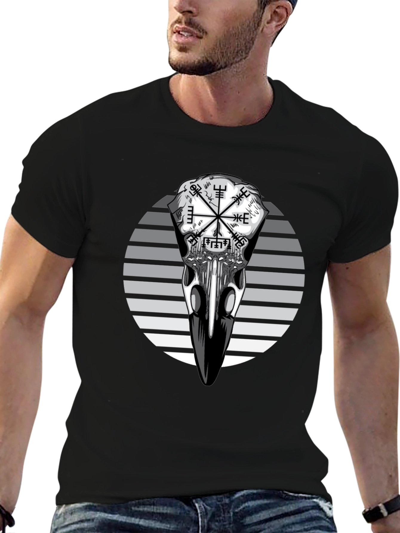 Raven Skull Graphic Tee - Viking Compass Style