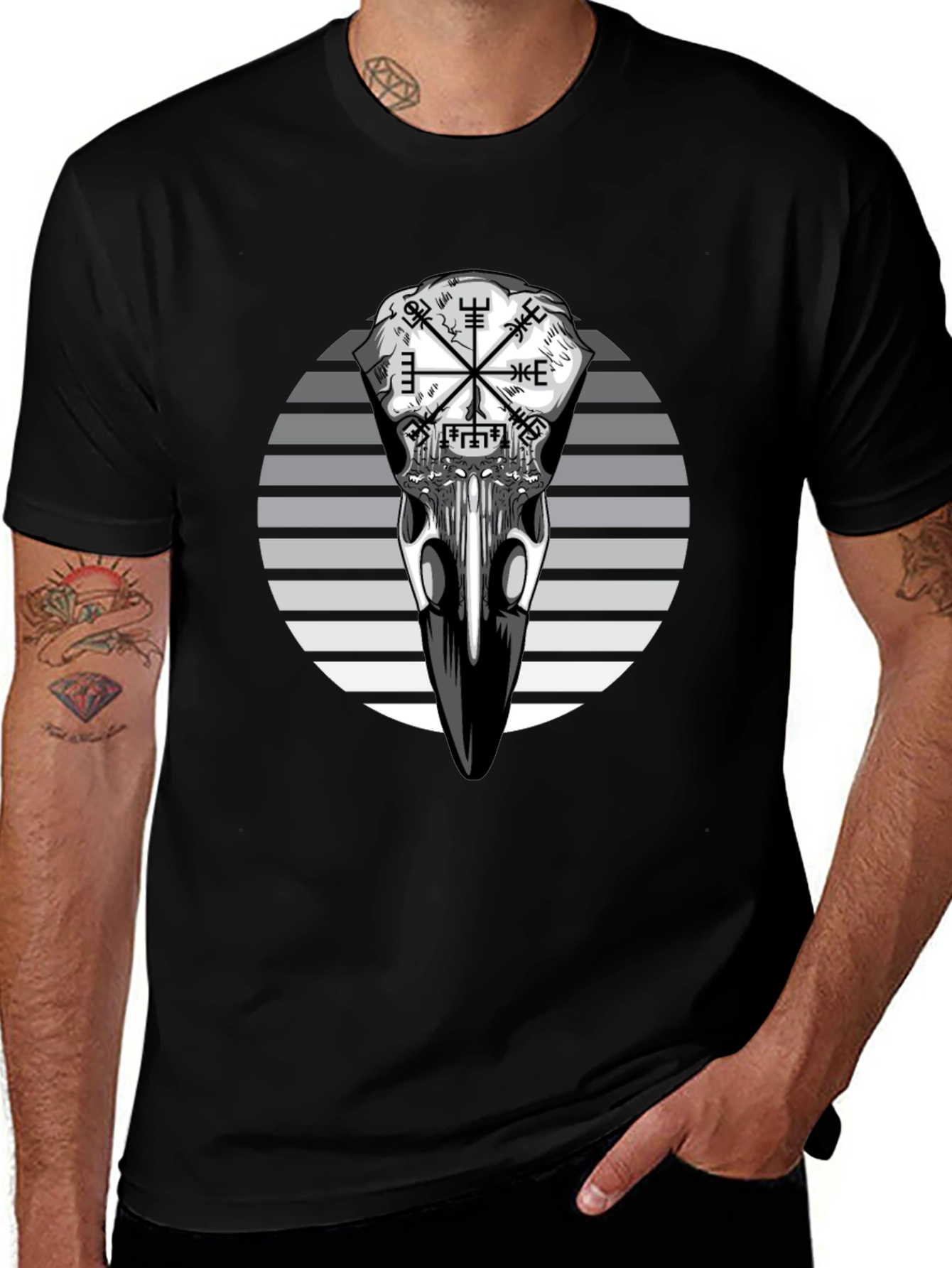 Raven Skull Graphic Tee - Viking Compass Style