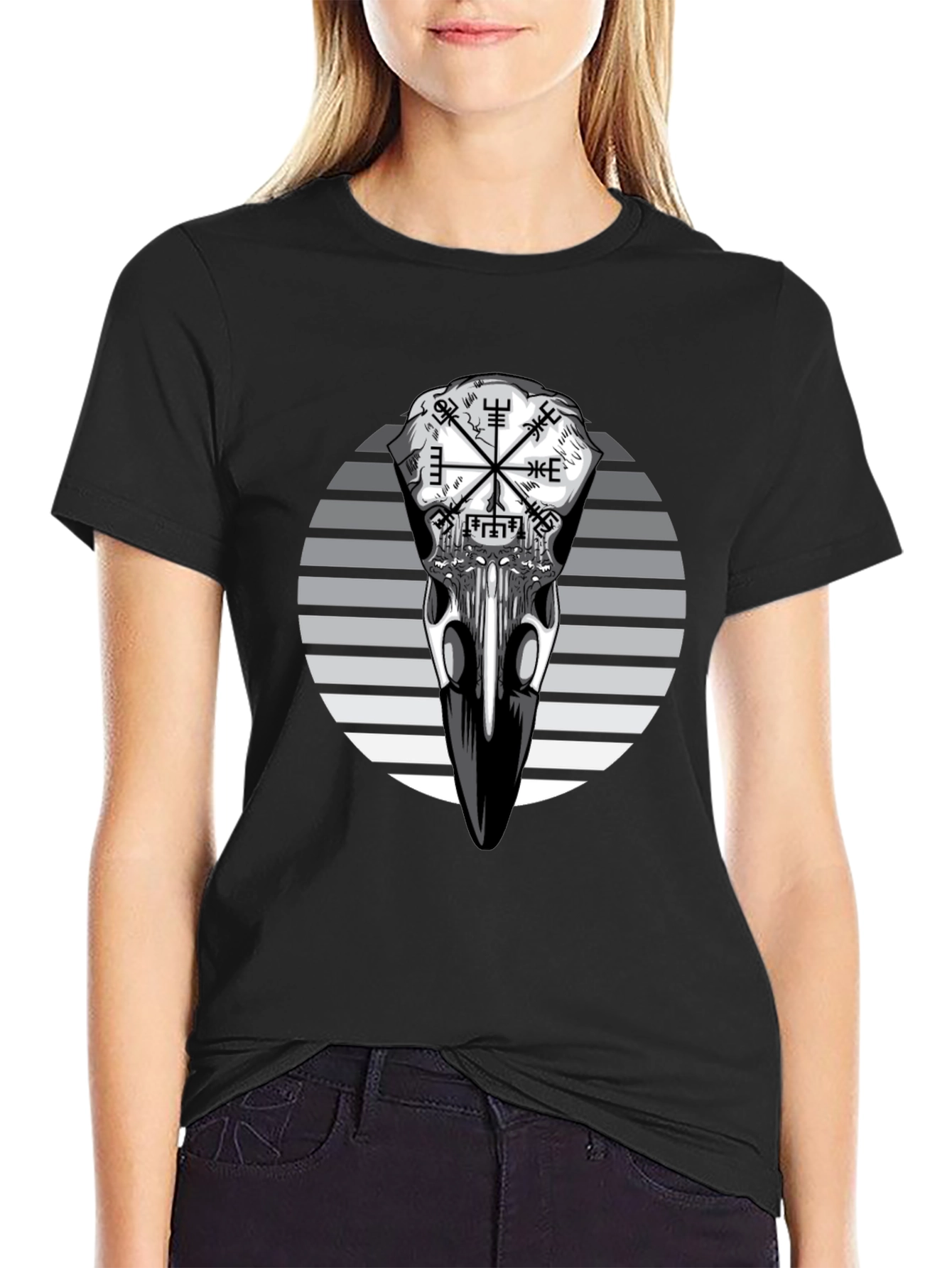 Raven Skull Graphic Tee - Viking Compass Style